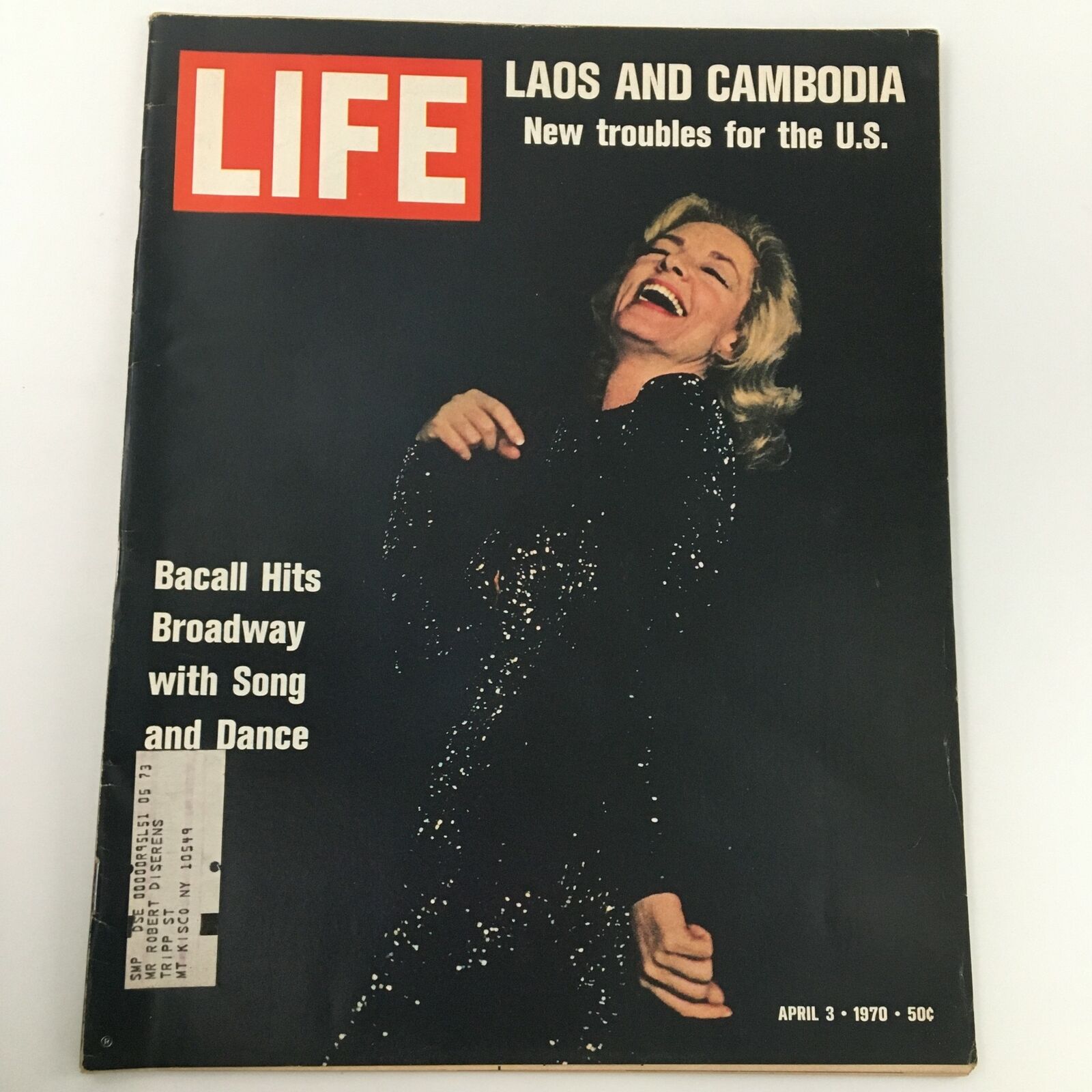 VTG Life Magazine from April 3, 1970 featuring Lauren Bacall on the cover, portraying her Broadway comeback with the headline 'Bacall Hits Broadway with Song and Dance', showcasing her glamorous image and vintage style.