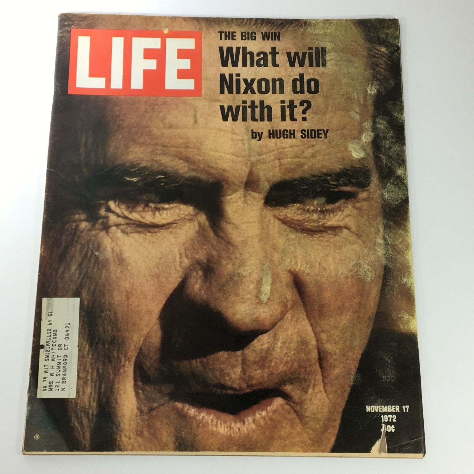 Vintage Life Magazine cover from November 1972 featuring Richard Nixon with the title 'The Big Win' and article 'What will Nixon do with it?' by Hugh Sidey, showcasing a close-up of Nixon's face.