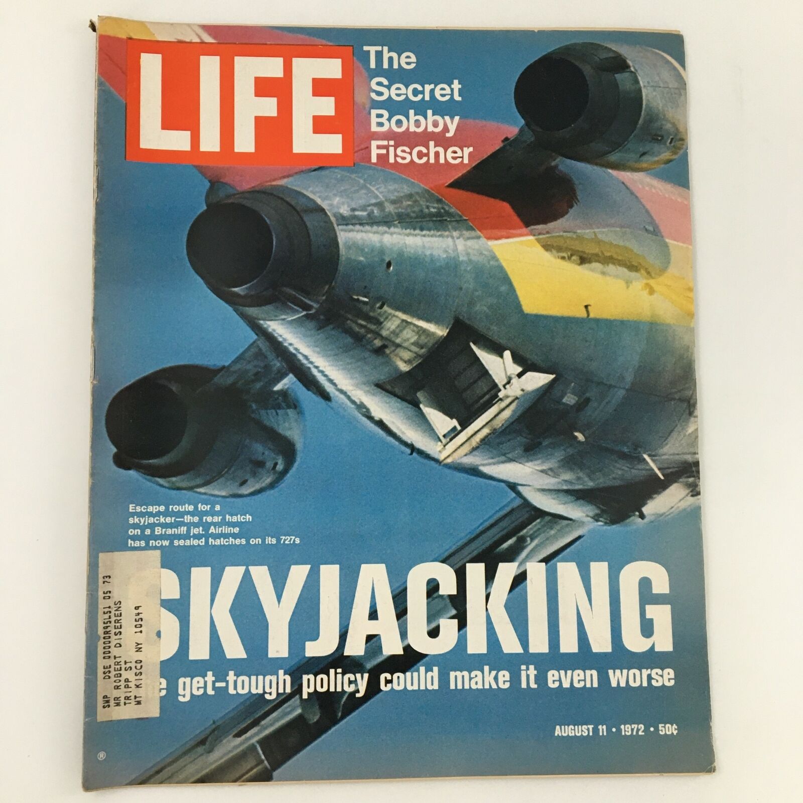 Cover of VTG Life Magazine dated August 11, 1972, featuring a striking image of a Braniff jet, with the title 'The Secret Bobby Fischer' prominently displayed. This vintage magazine showcases a captivating story about the chess champion Bobby Fischer and includes a note about skyjacking.