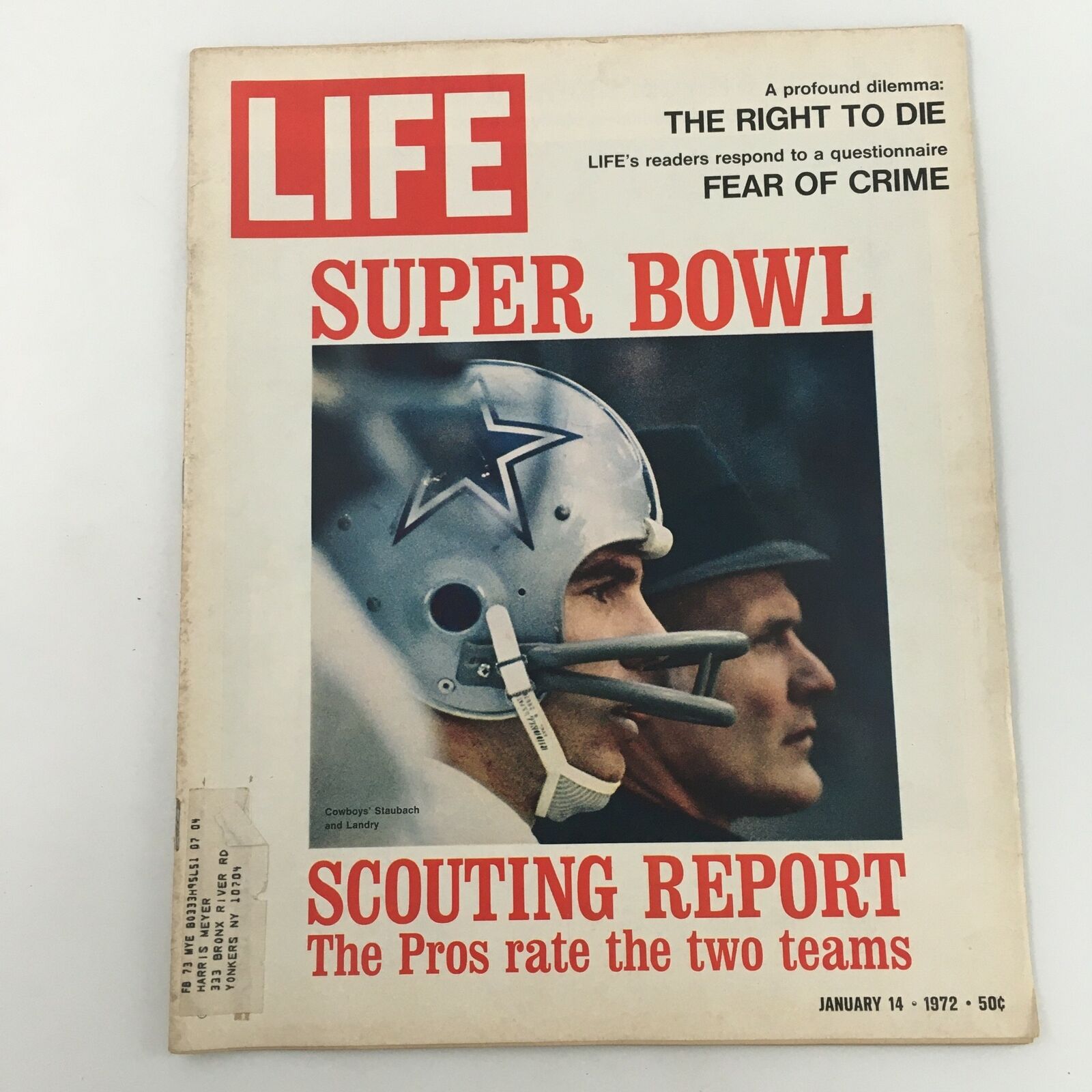 Cover of VTG Life Magazine from January 14, 1972 featuring the title 'A Profound Dilemma: The Right To Die' along with sports coverage of the Super Bowl, showcasing a football player in a helmet and a side profile of a man.