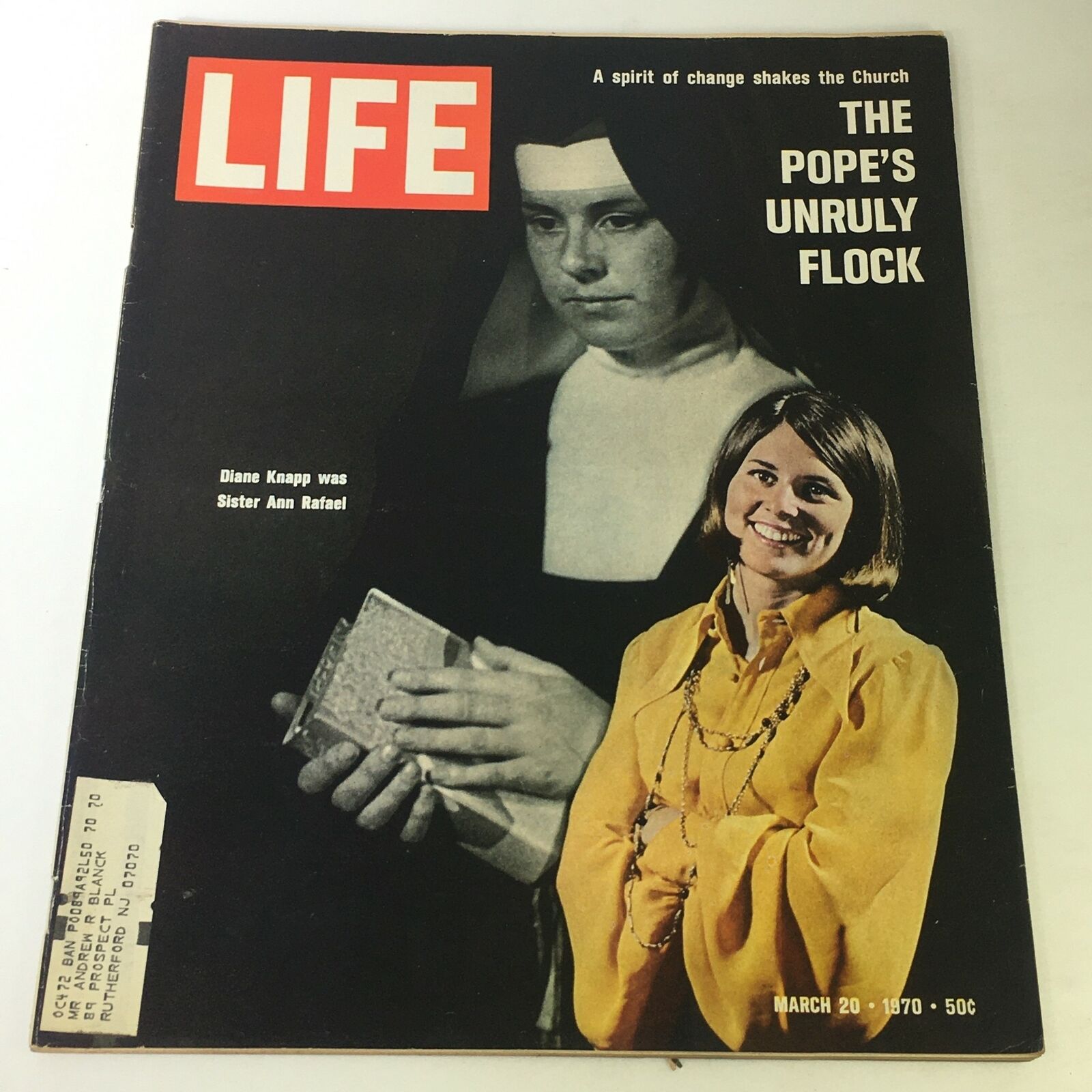 Vintage Life Magazine cover from March 20, 1970, featuring the article 'The Pope's Unruly Flock' by Diane Knapp, showcasing a nun and a smiling woman in a yellow blouse, emphasizing themes of change within the Church.