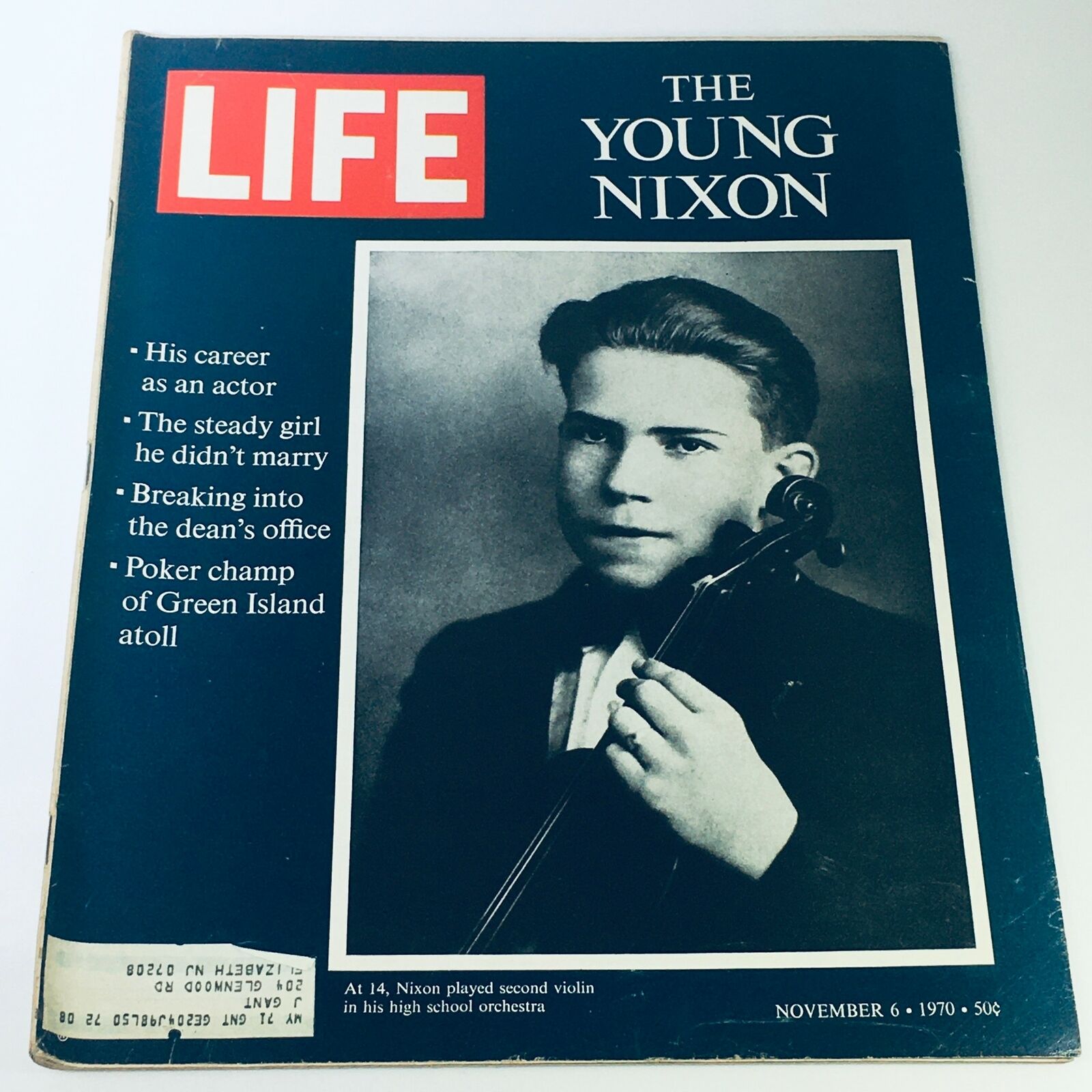 Cover of VTG Life Magazine November 6 1970 featuring an article titled 'The Young Richard Nixon Plays Second Violin'. The magazine showcases a young Richard Nixon holding a violin, with headlines highlighting his early life achievements.