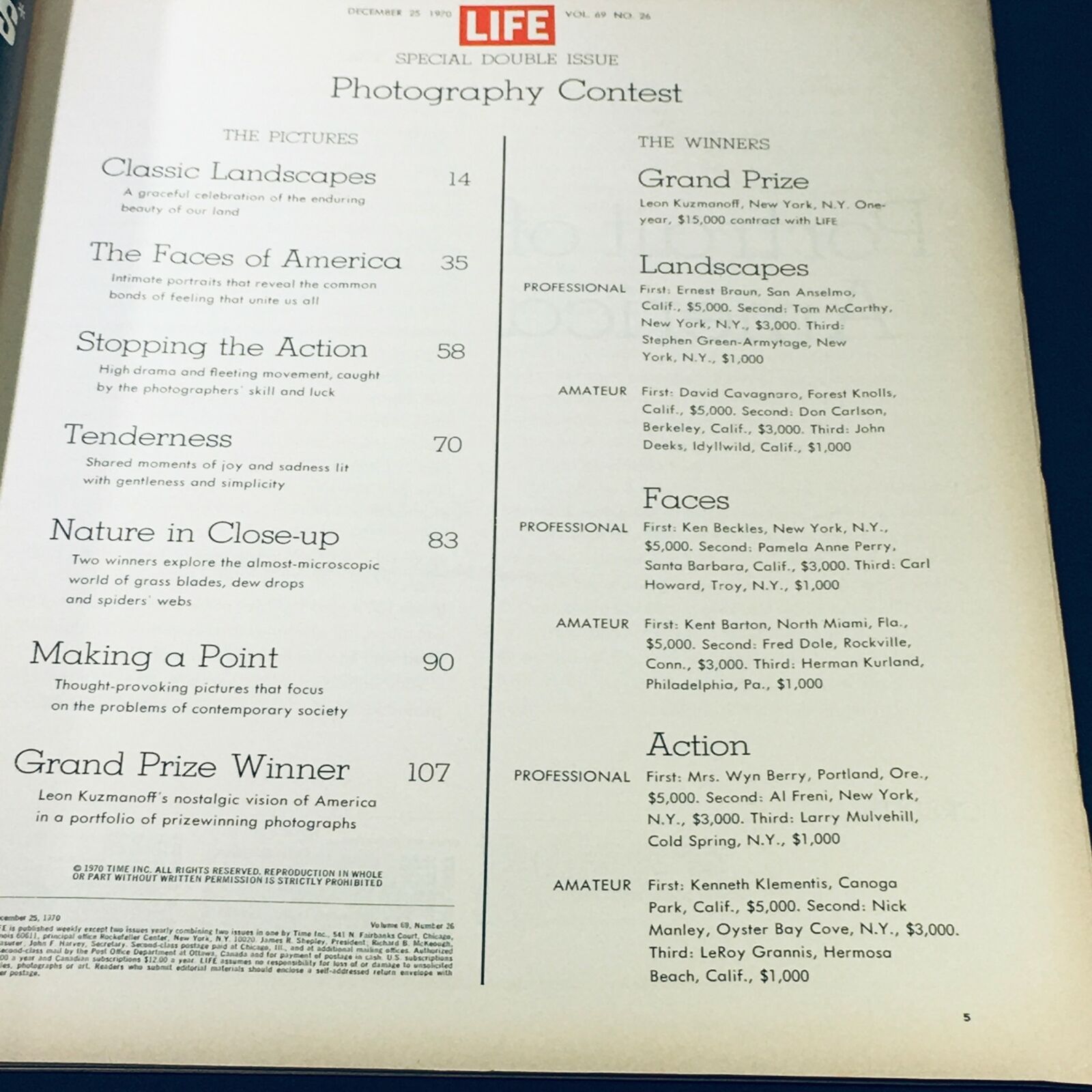 Interior page of VTG Life Magazine December 25 1970 showcasing the winners of the Prizewinning Pictures Photography Contest, featuring categories and award recipients.