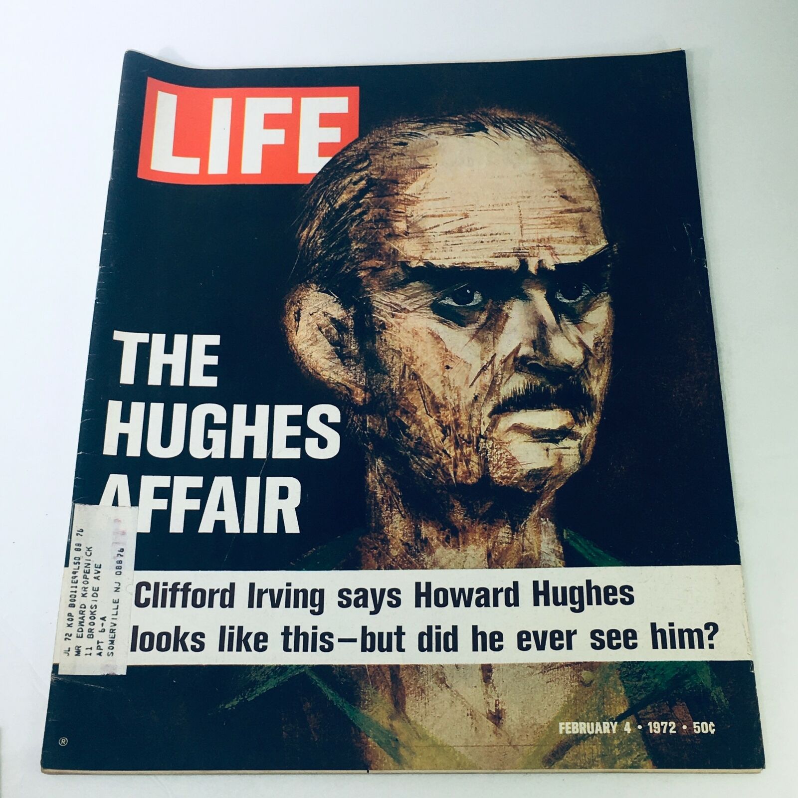 VTG Life Magazine February 4 1972 featuring a cover story titled 'The Hughes Affair', showcasing an illustration of Howard Hughes with text discussing Clifford Irving's claims about his appearance. This vintage magazine is a collectible piece of journalism from the early 1970s.