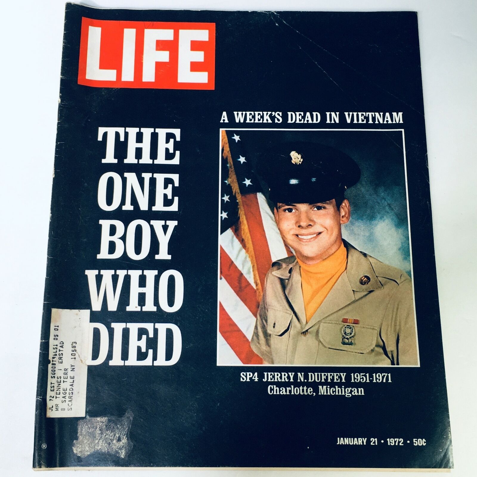 Cover of VTG Life Magazine January 21 1972 featuring SP4 Jerry N. Duffery, with the headline 'The One Boy Who Died' and a background image of an American soldier. This edition commemorates his service from 1951 to 1971 in Charlotte, MI.