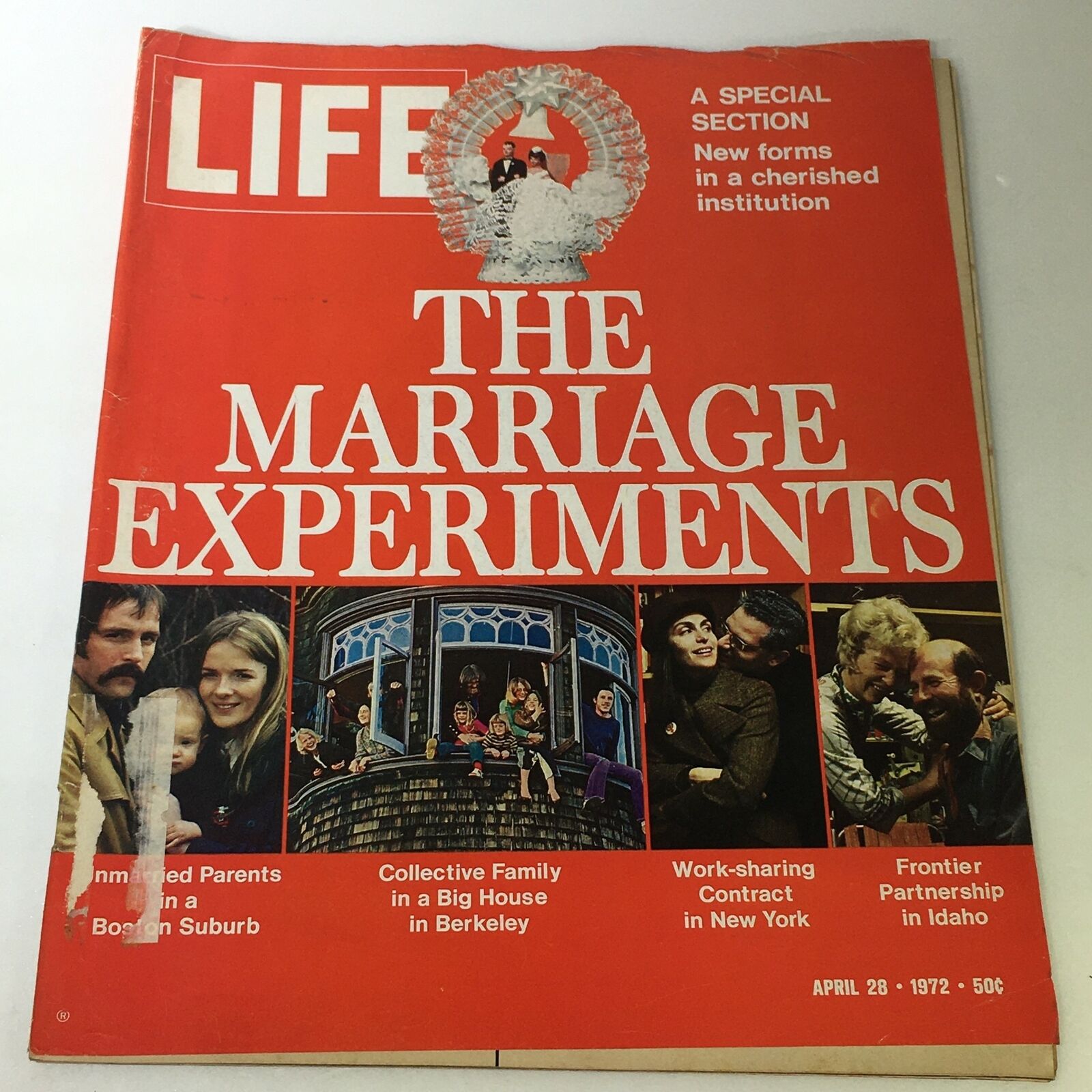 VTG Life Magazine April 28 1972 cover featuring the title 'The Marriage Experiments', highlighting topics on social dynamics, work-sharing, and family structures during the 1970s.
