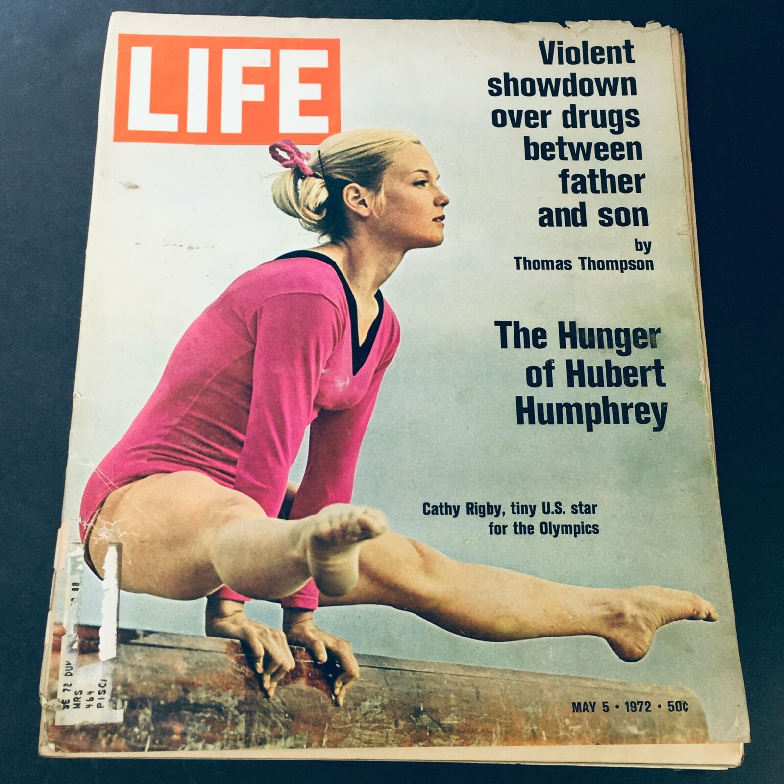 Cover of VTG Life Magazine from May 5, 1972, featuring Cathy Rigby and an article titled 'The Hunger of Hubert Humphrey'. The cover showcases Rigby in a pink leotard, highlighting her gymnastics pose.