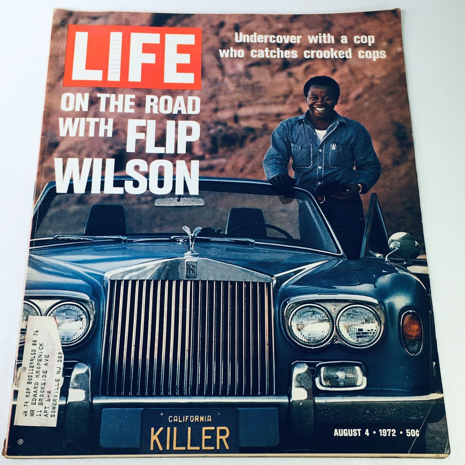 VTG Life Magazine August 4, 1972 cover featuring Flip Wilson, showcasing the headline 'On The Road With Flip Wilson' and an image of Flip Wilson with a classic car.