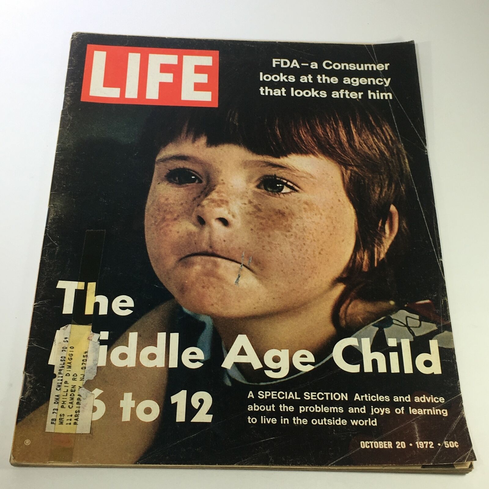 Cover of VTG Life Magazine from October 20, 1972, featuring a young child with freckles, highlighting the special section "The Middle Age Child".