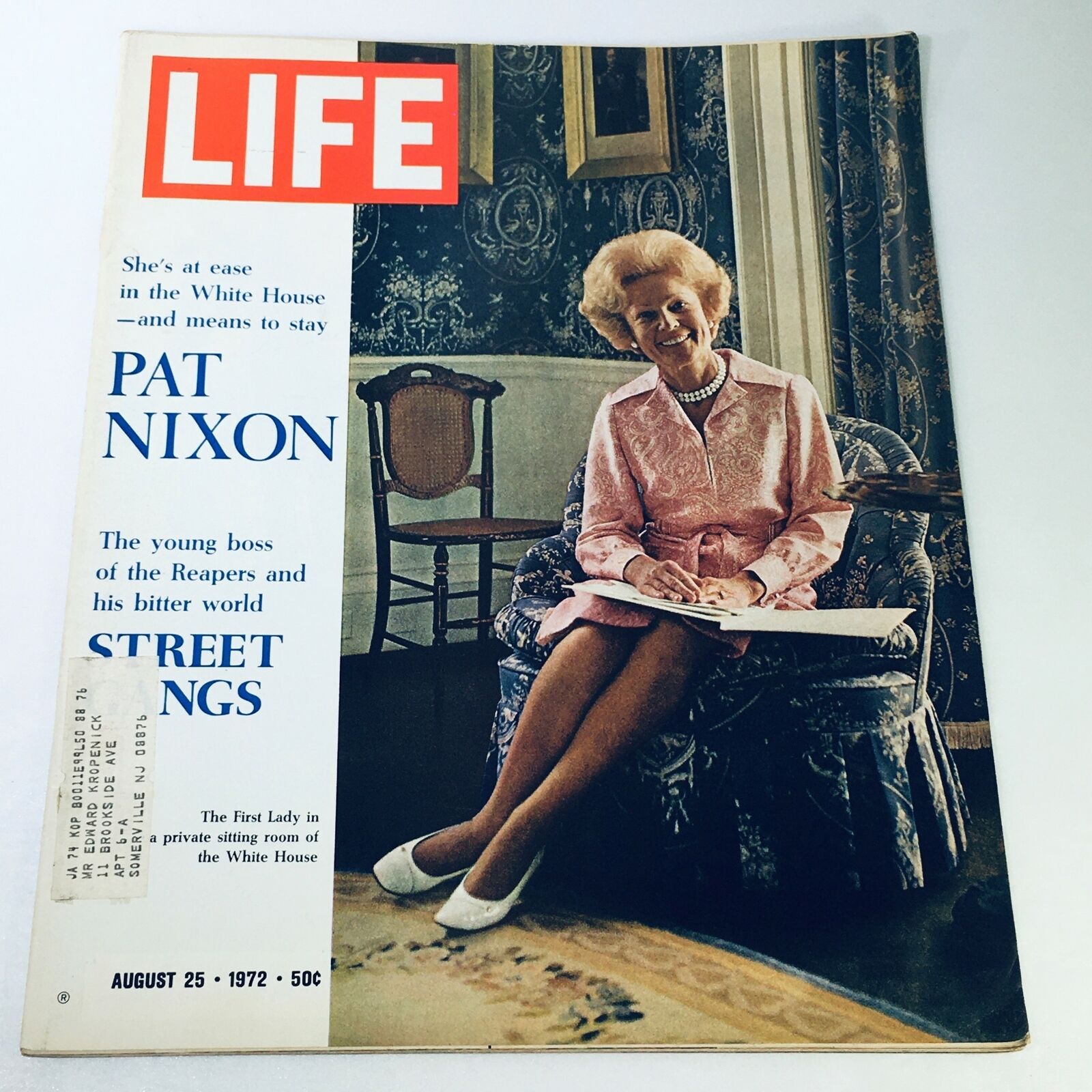 Vintage Life Magazine from August 25, 1972, featuring Pat Nixon at ease in the White House. The cover showcases Pat Nixon seated in a decorated room, highlighting her elegance and charm during her time as First Lady.