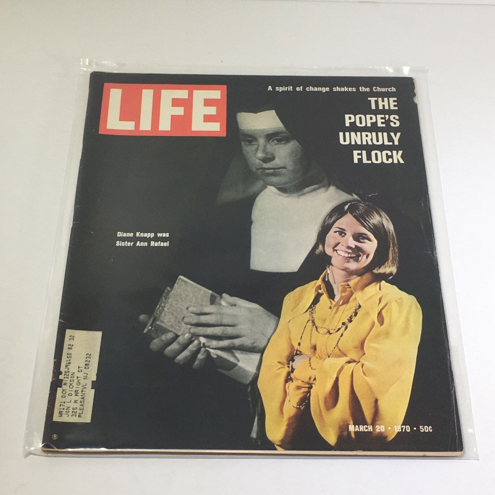 Cover of VTG Life Magazine from March 20, 1970, featuring the title 'The Pope's Unruly Flock.' The cover shows two women, one in a nun's habit and the other in a yellow blouse, along with a label indicating Diane Knapp as Sister Ann Rafael.