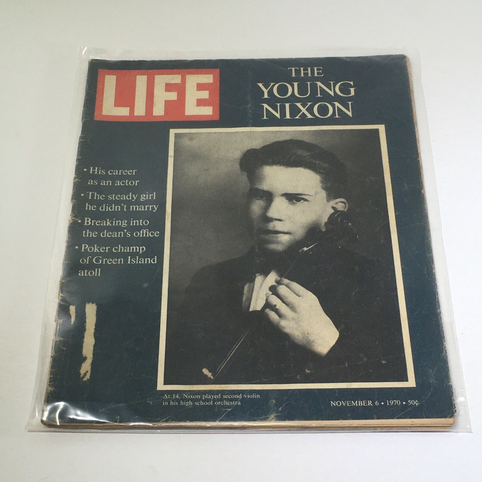 Cover of VTG Life Magazine from November 6, 1970, featuring an article titled 'The Young Nixon at 14 Play Second Violin.' The cover displays a historical image of young Richard Nixon holding a violin and includes highlights about his early life and interests.