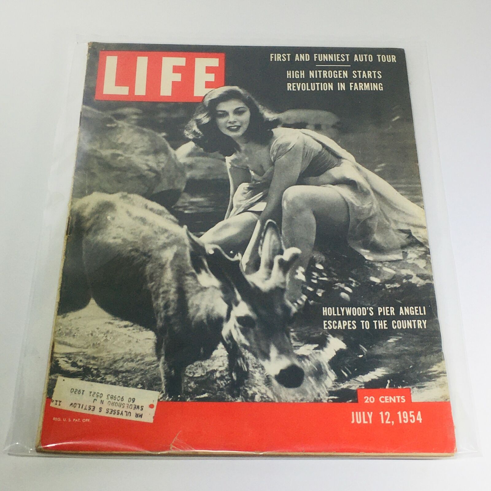 Vintage Life Magazine cover from July 12, 1954 featuring Hollywood's Pier Angeli escaping to the country, showcasing a classic photo with a deer.