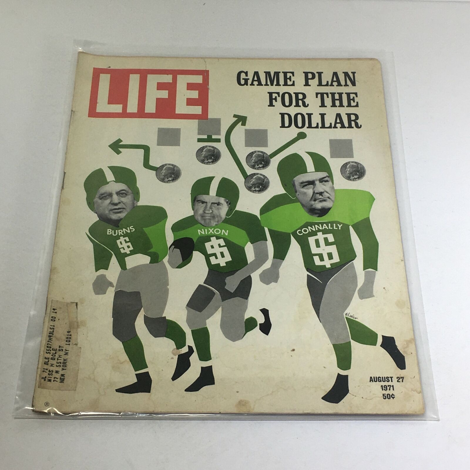 VTG Life Magazine: August 27 1971 cover featuring characters labeled Burns, Nixon, and Connally in football uniforms, illustrating the cover story 'Game Plan $'s for Burns, Nixon and Connally'.