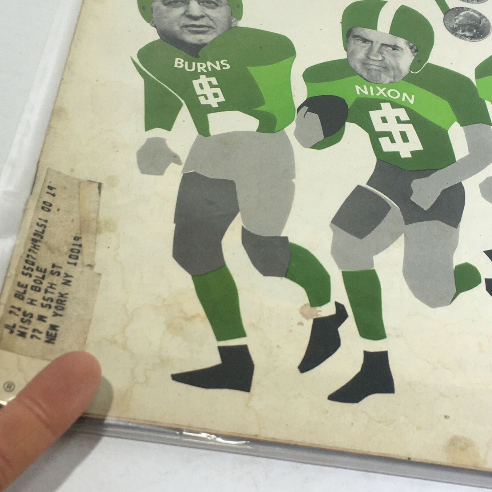 Close-up of the VTG Life Magazine: August 27 1971 cover showing characters Burns and Nixon in football uniforms with a vintage address label, highlighting the magazine's theme 'Game Plan $'s for Burns, Nixon and Connally'.