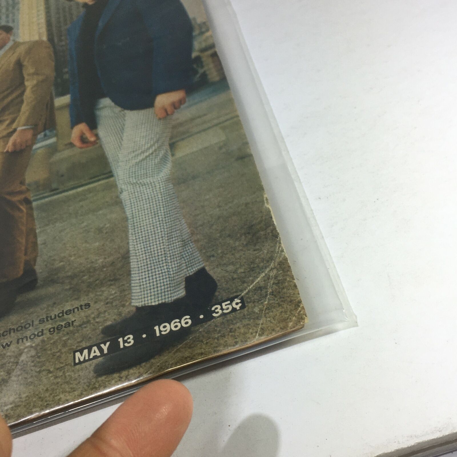 Close-up of VTG Life Magazine from May 13, 1966, showing the magazine's date stamp and corner details, highlighting its vintage appeal and collectible nature.