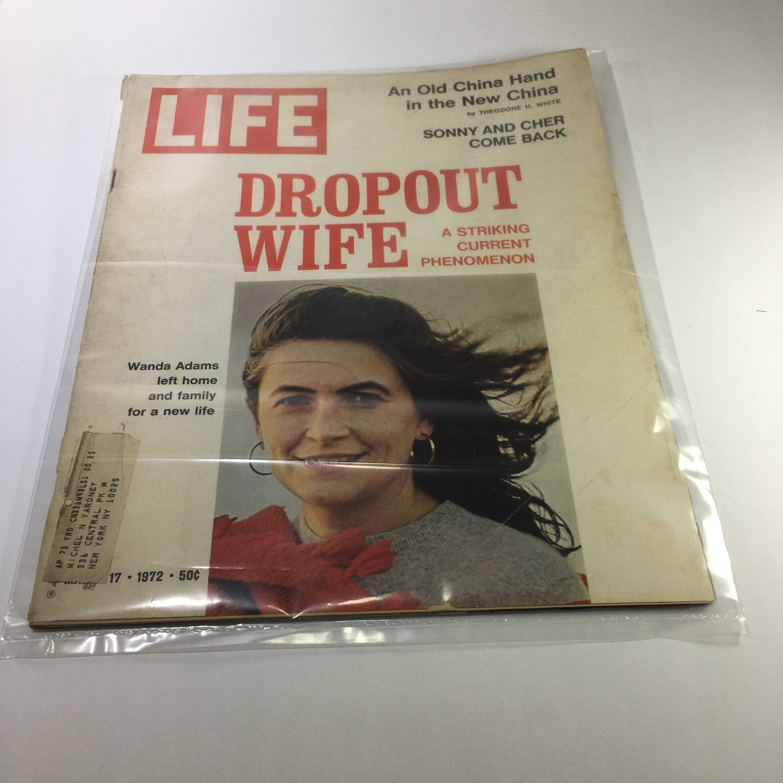 Cover of Life Magazine from March 17, 1972 featuring the title 'DROP OUT WIFE' with a photo of Wanda Adams, who left home and family for a new life. The cover highlights her story as part of a discussion on a striking current phenomenon.