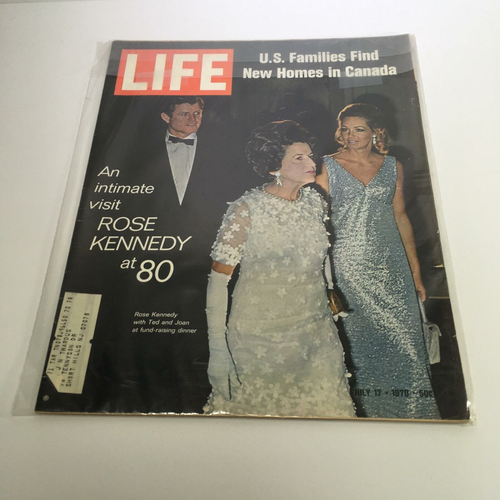 Life Magazine July 17, 1970 cover featuring Rose Kennedy with Ted and Joan Kennedy at a fundraising event. The cover highlights Rose's milestone at 80, showcasing a glamorous black and white image.