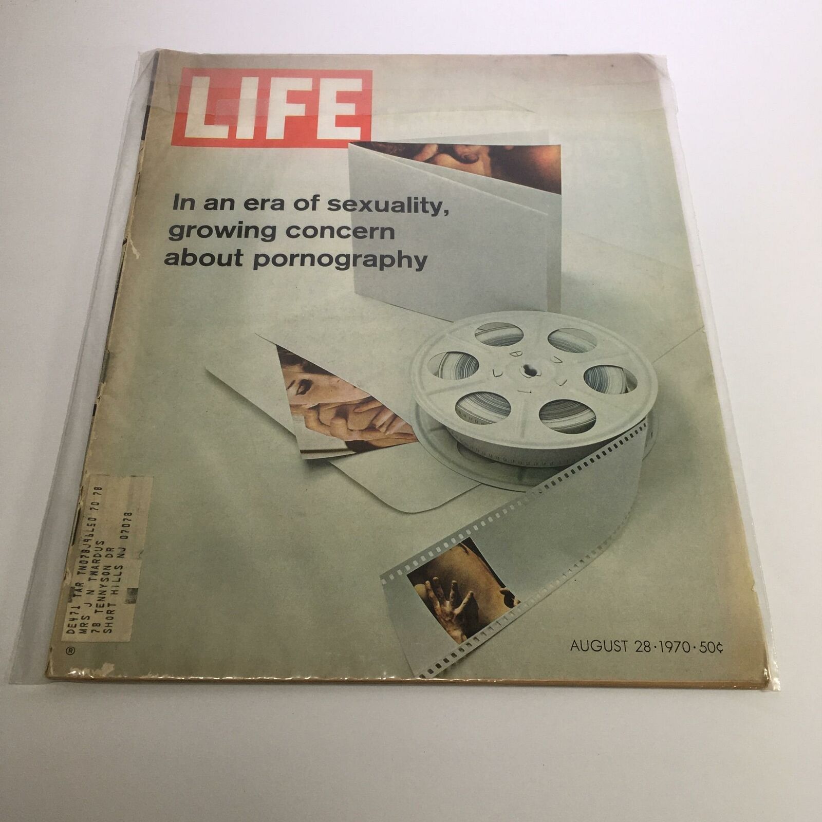 Cover of Life Magazine from August 28, 1970, featuring the theme 'In an era of sexuality, growing concern about pornography,' showcasing vintage design elements related to film and sexuality.