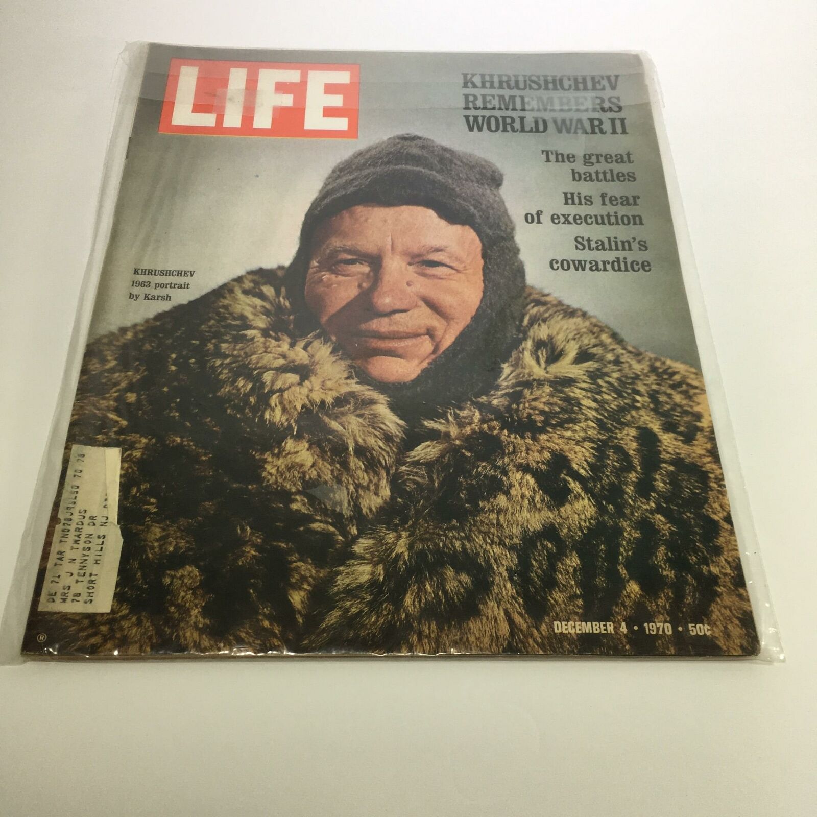 Cover of Life Magazine, December 4, 1970, featuring Nikita Khruschev, with the headline 'Khruschev Remembers World War II'. The vibrant cover includes images of Khruschev in a fur coat, highlighting his reflections on the war and historical events.