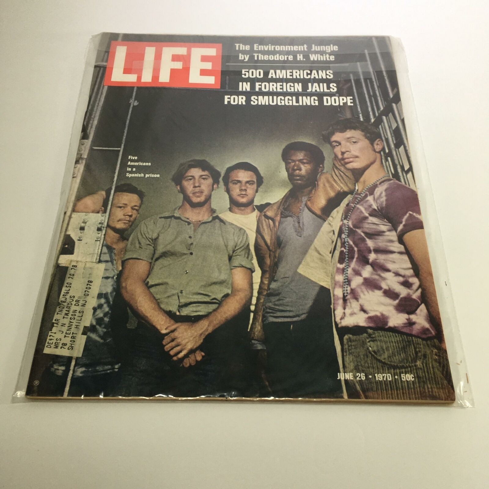 Life Magazine cover from June 26, 1970, featuring the title '500 Americans in Foreign Jails for Smuggling Dope', showcasing a group of men in a Spanish prison.