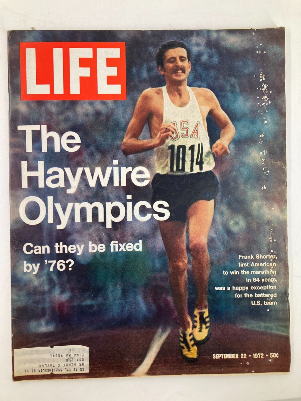 Cover of VTG Life Magazine from September 22, 1972, featuring the headline 'The Haywire Olympics' and a photo of Frank Shorter running the marathon, representing the captivating sports history of the 1972 Olympics.