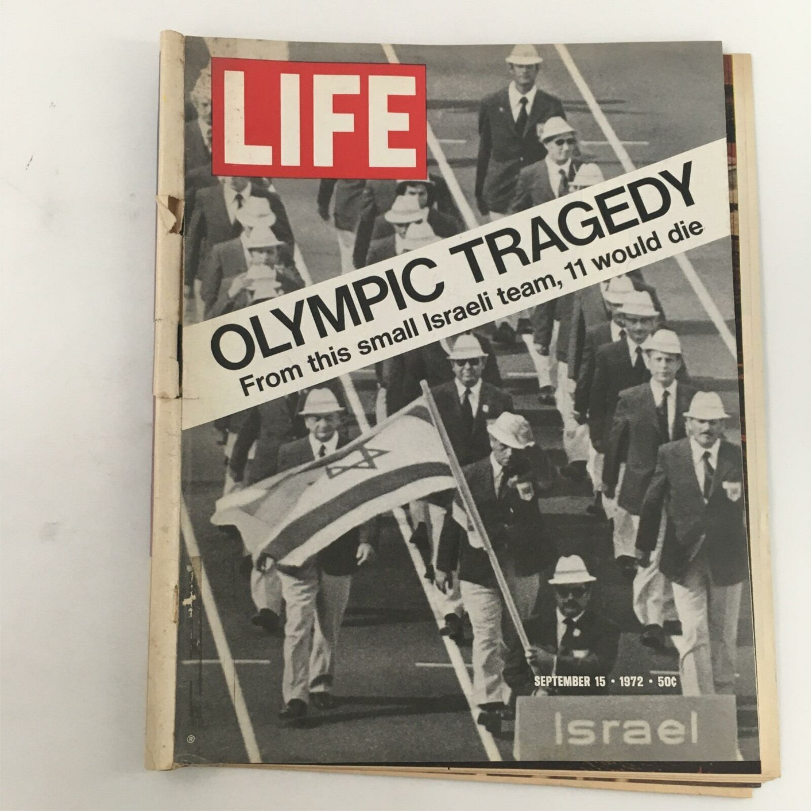 Vintage Life Magazine cover from September 15, 1972 featuring the title 'Olympic Tragedy', highlighting the tragic events involving the Israeli team during the Munich Olympics.