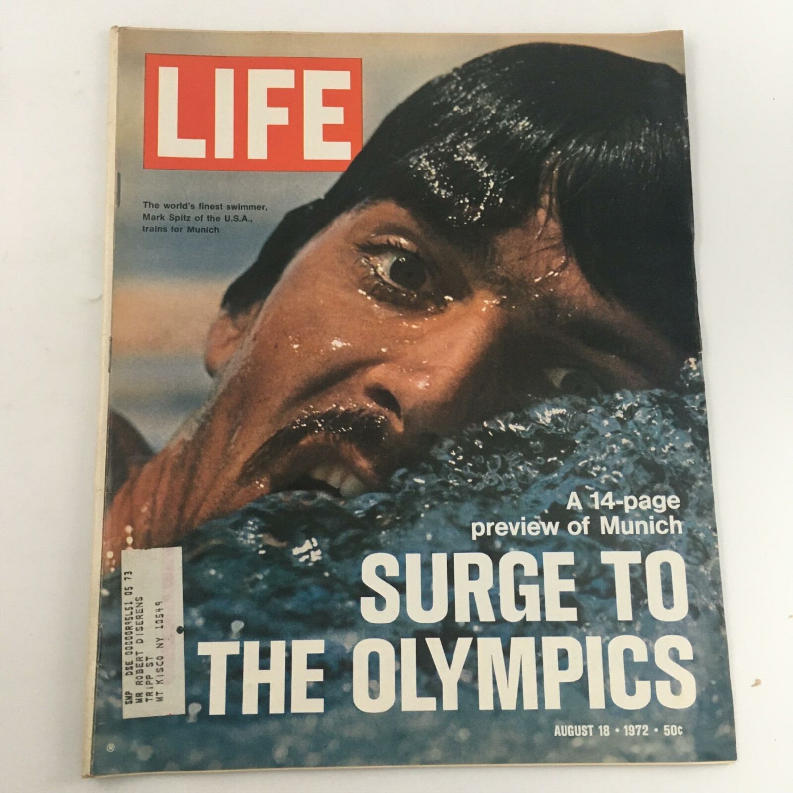 Cover of VTG Life Magazine August 18, 1972 featuring Mark Spitz, the world's finest swimmer, with a close-up of him training in water, highlighting Olympic themes.