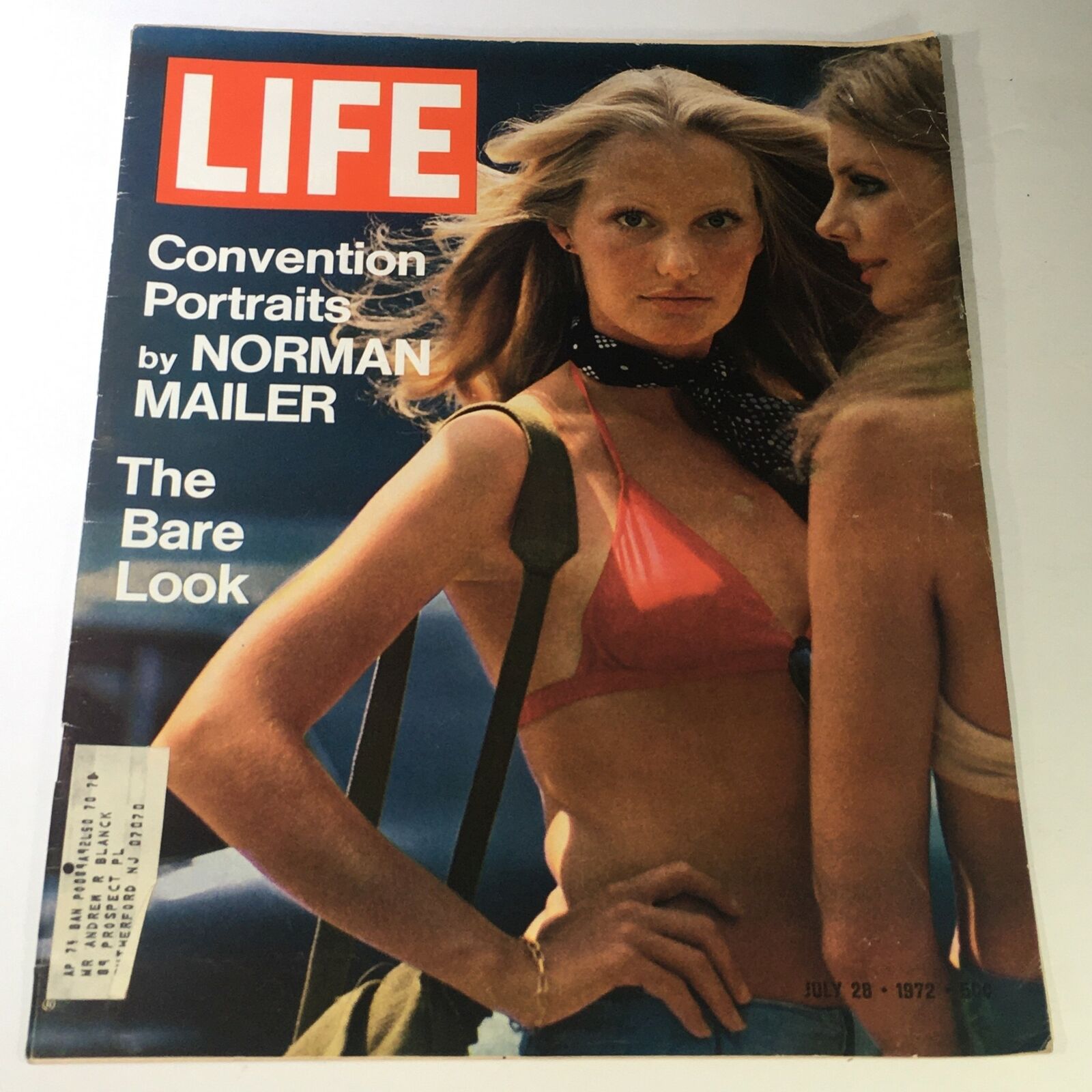 Cover of the VTG Life Magazine July 28 1972 featuring 'The Bare Look' portraits by Norman Mailer, showcasing two models, one in a pink bikini and the other with a scarf, highlighting vintage fashion and photography.