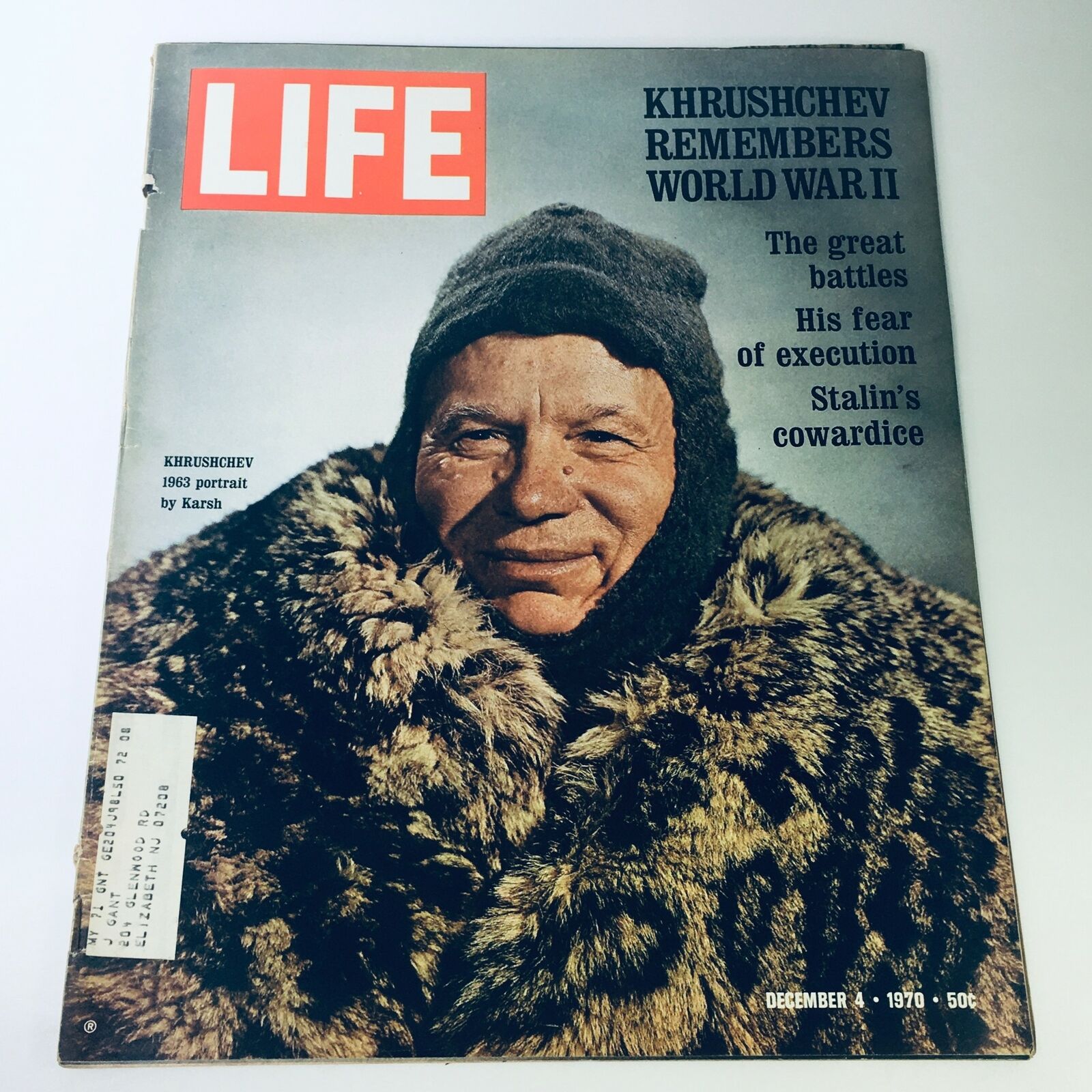 VTG Life Magazine December 4 1970 featuring Nikita Khrushchev's 1963 portrait by Yousuf Karsh, highlighting vintage magazine design with historical significance.