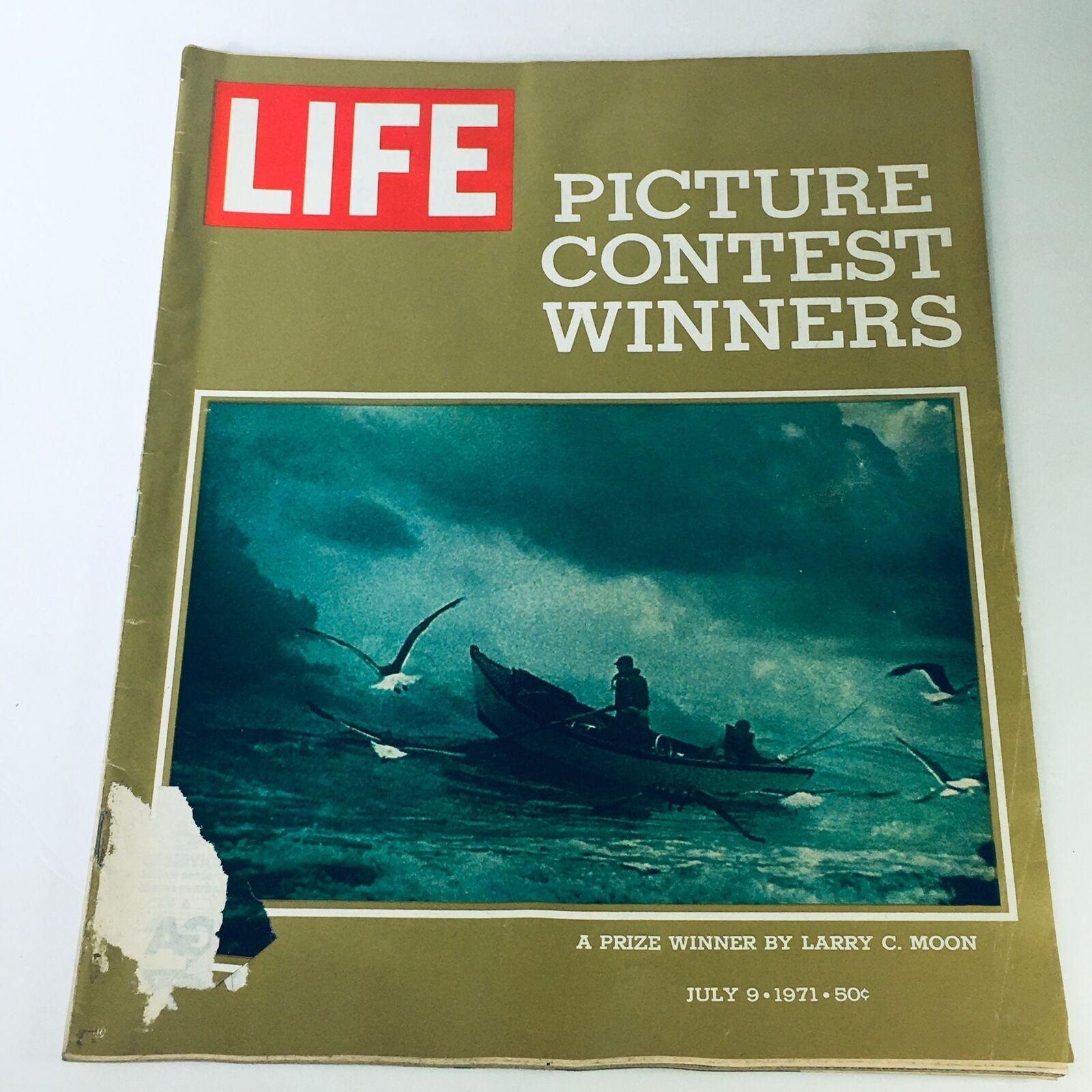 Vintage Life Magazine cover from July 9, 1971, titled 'A Picture Contest Prize Winner by Larry C. Moon', featuring a serene fishing scene with two figures in a boat surrounded by birds.