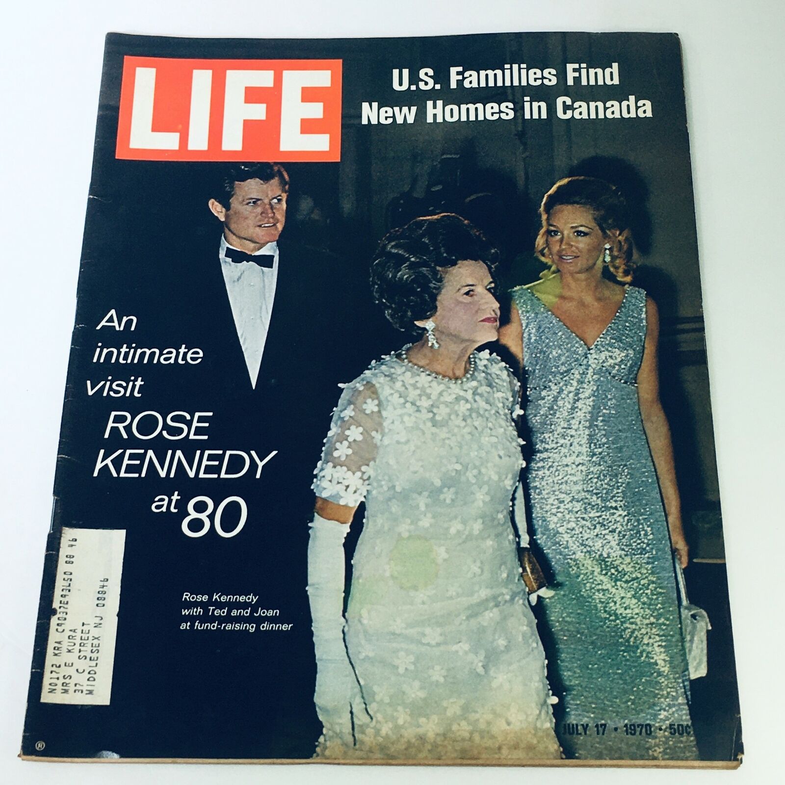 Vintage Life Magazine cover from July 17, 1970, featuring Rose Kennedy at 80, with her sons Ted and Joan at a fundraising dinner, showcasing an intimate moment from a significant era in American history.
