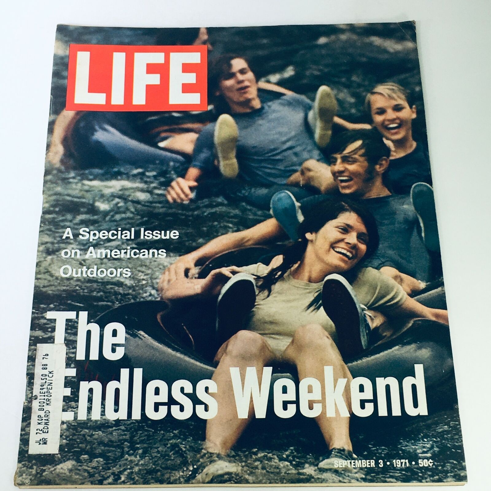 Cover of the vintage Life Magazine from September 3, 1971 featuring the title 'The Endless Weekend' with a theme on American Outdoors. The image showcases a group of young people enjoying a water recreation activity, reflecting the carefree spirit of the early '70s.