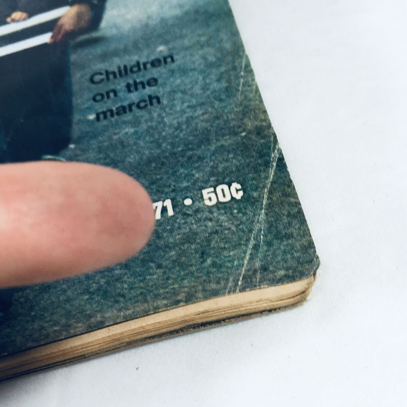 Close-up of the lower corner of VTG Life Magazine April 30 1971 showing the publication date 'April 30, 1971' and the original price '50 cents'.