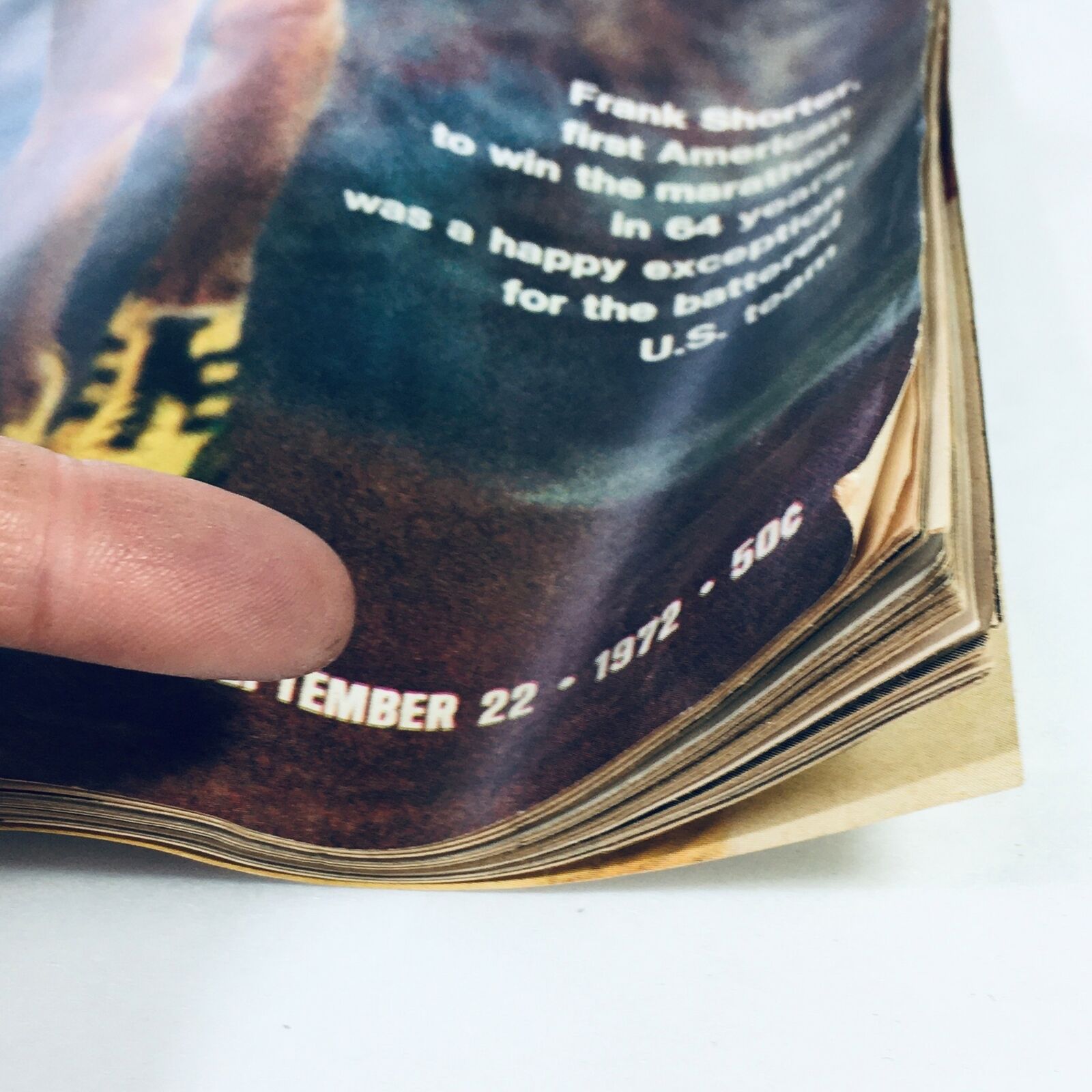 Close-up view of the corner of the VTG Life Magazine September 22 1972 showing the date and price, emphasizing Frank Shorter's featured article.