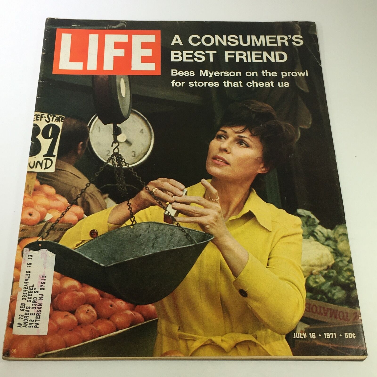 Cover of VTG Life Magazine July 16 1971 featuring Bess Myerson, showcasing the theme 'A Consumer's Best Friend', depicting her at a market weighing produce.