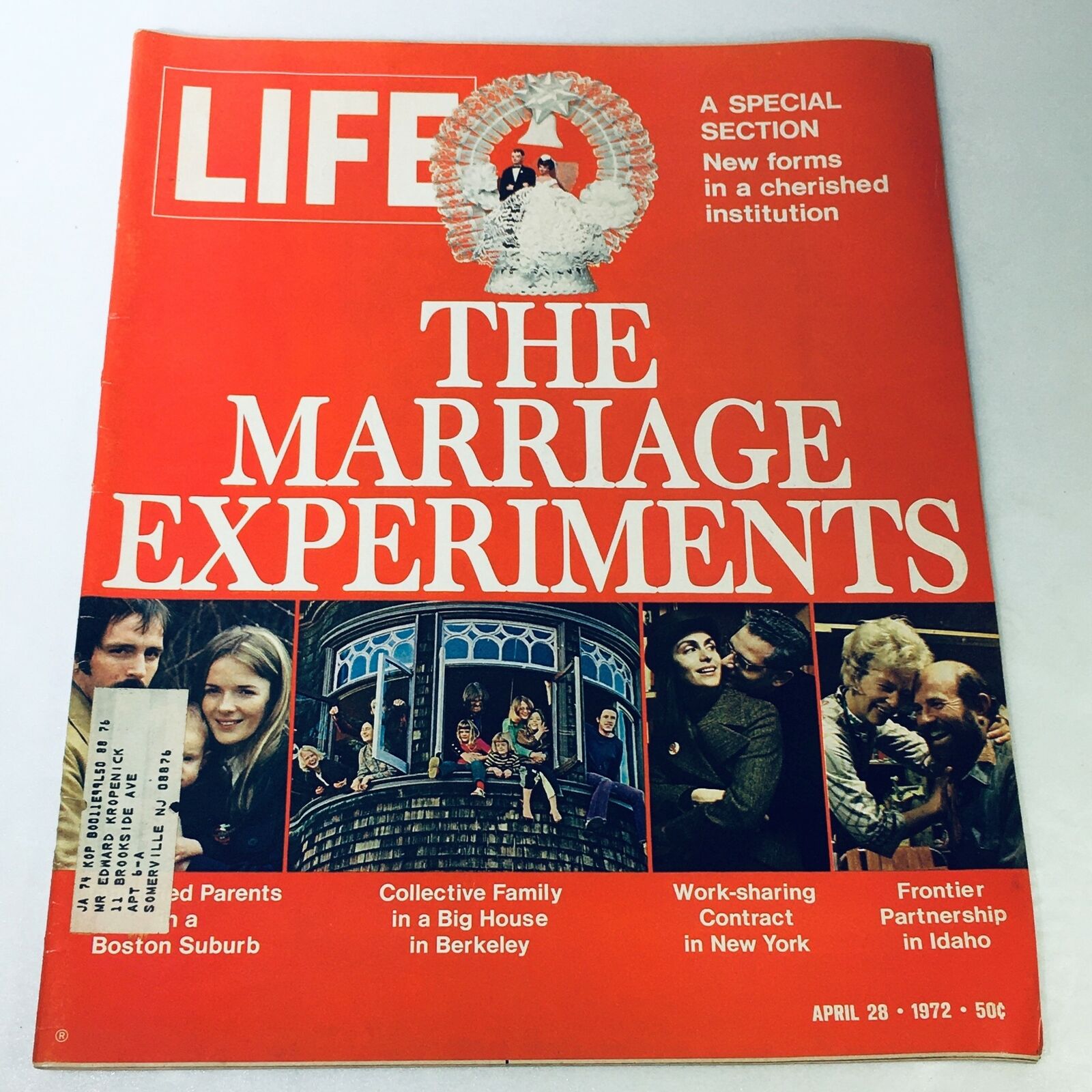 Cover of VTG Life Magazine from April 28, 1972, featuring a special section on 'The Marriage Experiments'. The cover displays a vibrant red background with bold white text and includes images related to various marriage themes, capturing the cultural exploration of relationships in the 1970s.