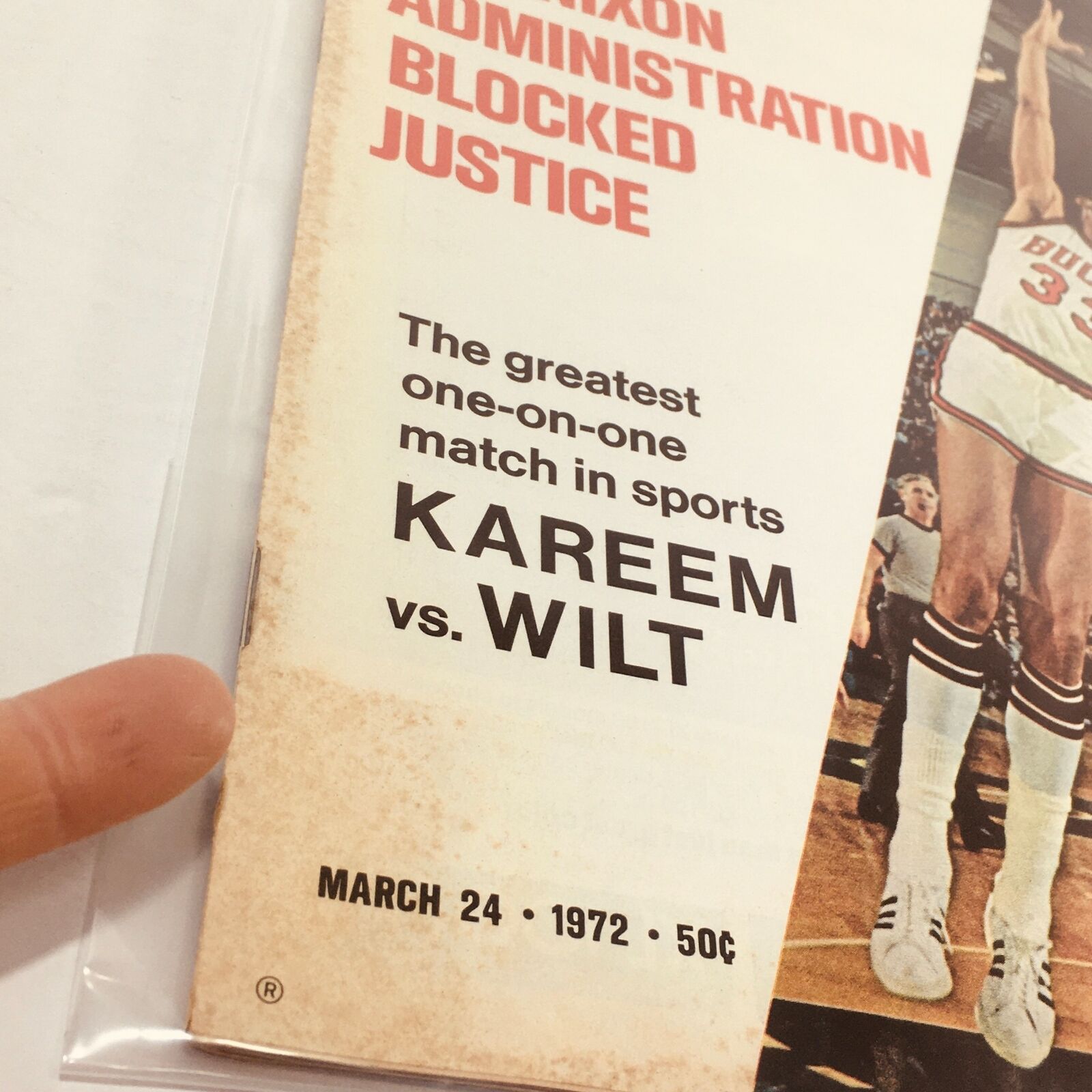 Close-up of the VTG Life Magazine: March 24, 1972 discussing the greatest one-on-one match in sports between Kareem and Wilt.