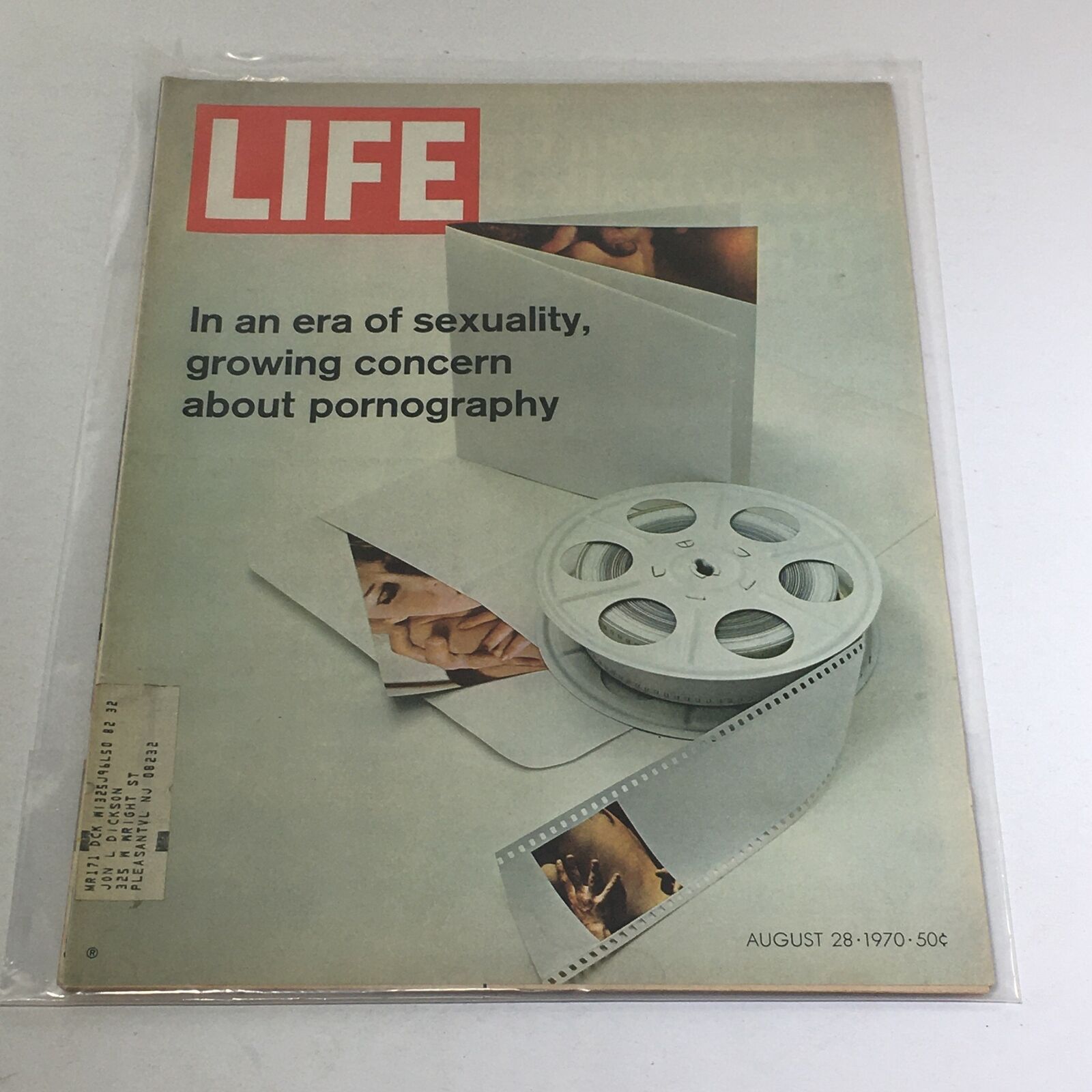 Cover of VTG Life Magazine: August 28, 1970, featuring an exploration of growing concern about pornography, with images of film reels and photography elements.