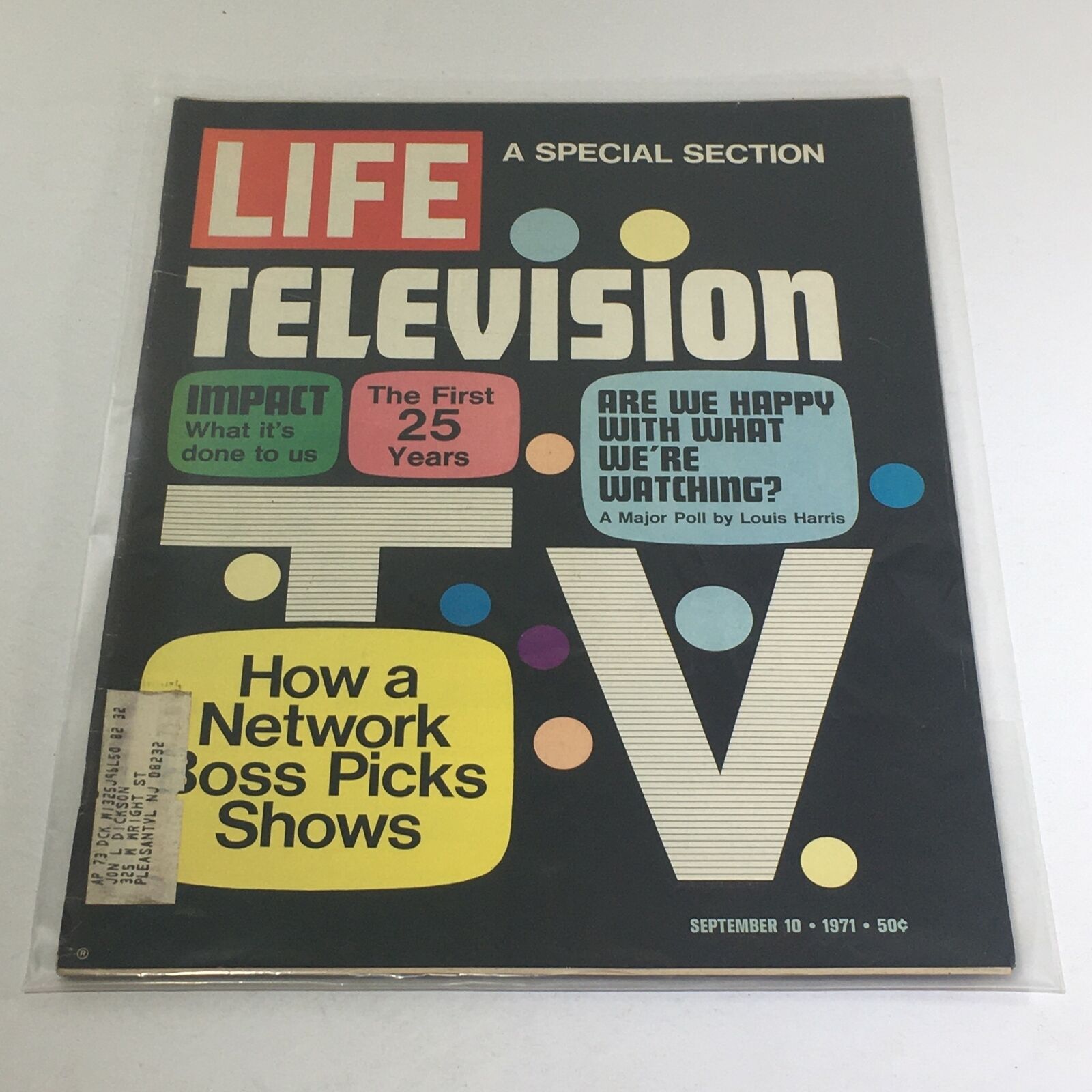 Cover of VTG Life Magazine: September 10, 1971 - A Special Section Television featuring bold graphics and titles celebrating the first 25 years of TV, highlighting articles like 'How a Network Boss Picks Shows'.