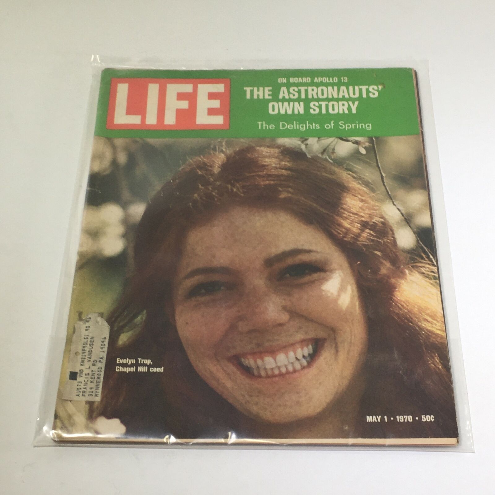 Cover of VTG Life Magazine: May 1 1970 featuring Evelyn Trop's smiling face, highlighting 'The Astronaut's Own Story Apollo 13', with a prominent LIFE logo and details about the magazine's content.