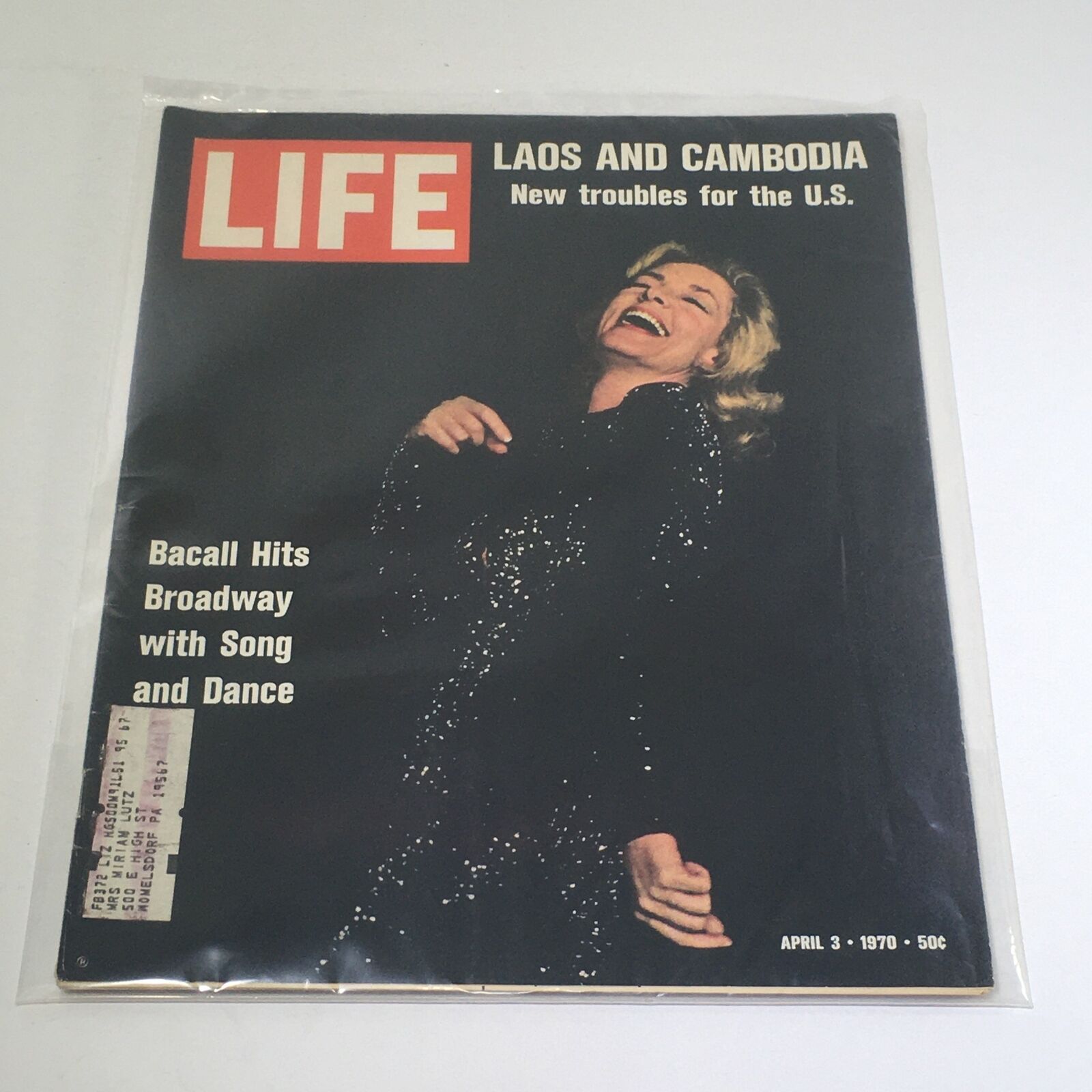 VTG Life Magazine April 3, 1970 cover featuring Lauren Bacall, celebrating her Broadway comeback with song and dance, showcasing vintage charm.