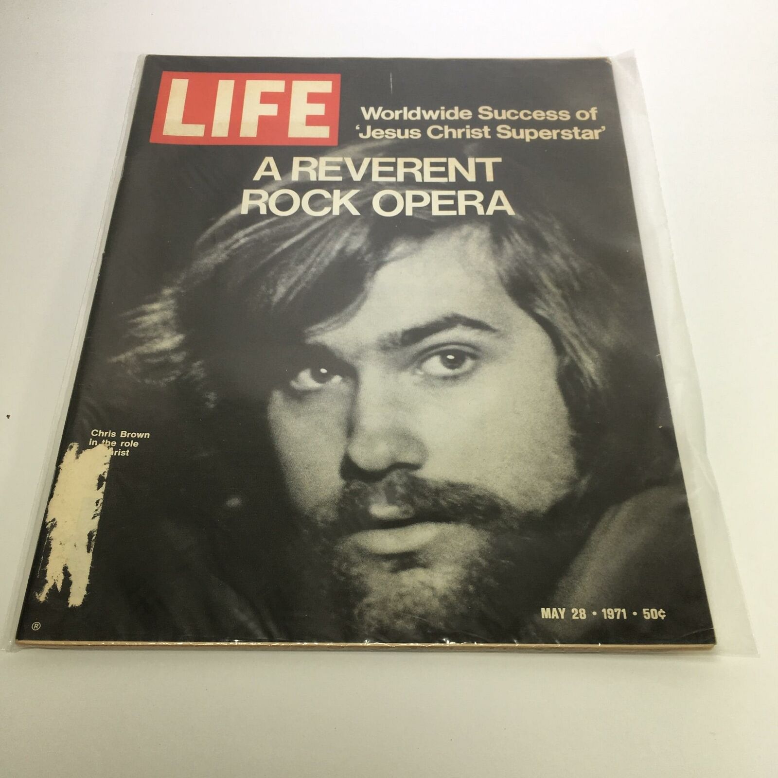 Cover of Life Magazine dated May 28, 1971, featuring the title 'A Reverent Rock Opera' with an image of Chris Brown. The magazine highlights the worldwide success of 'Jesus Christ Superstar' and includes the publication date and price in the bottom corner.