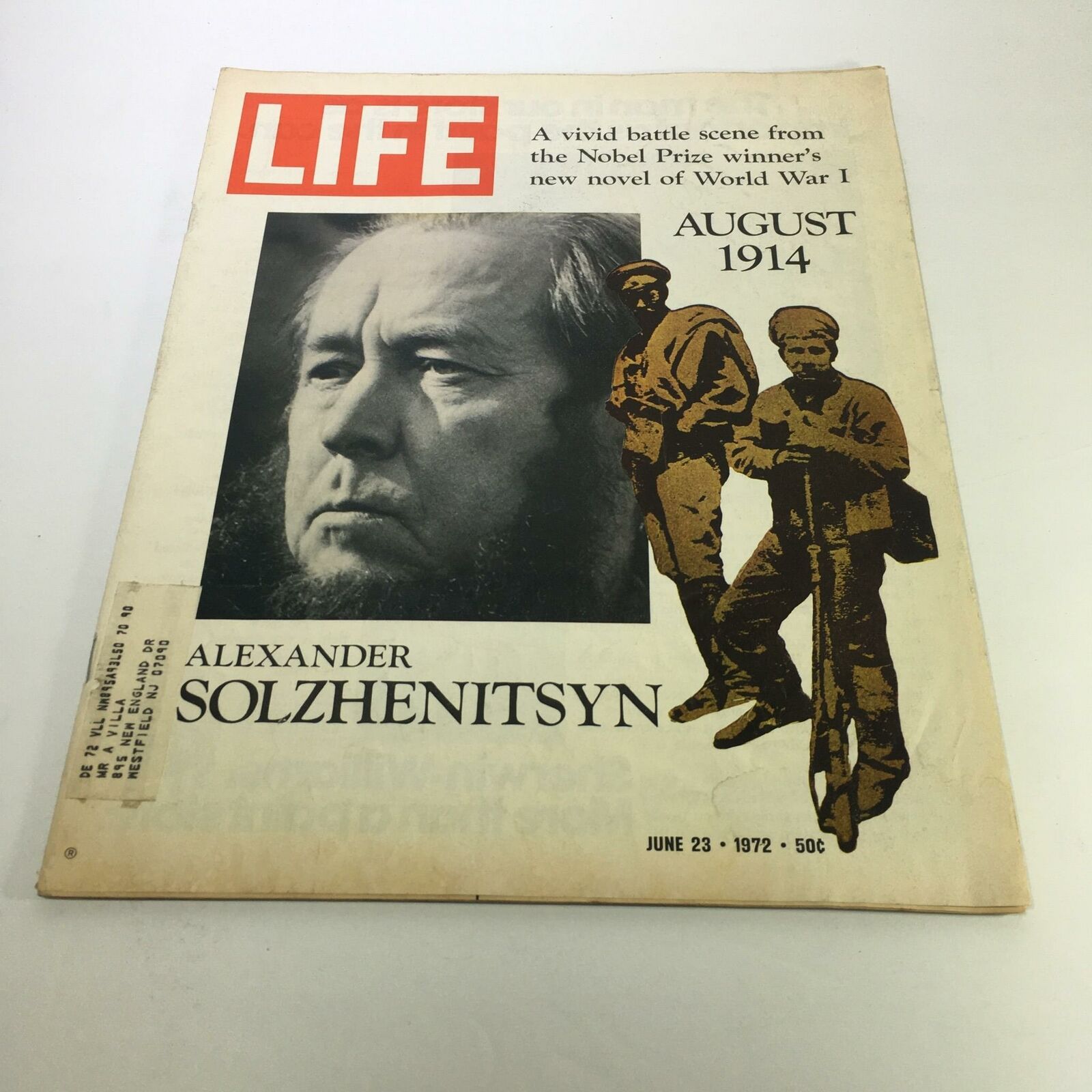 Cover of Life Magazine dated June 23, 1972, featuring a portrait of Alexander Solzhenitsyn and illustrations related to World War I, showcasing a vivid battle scene with soldiers.