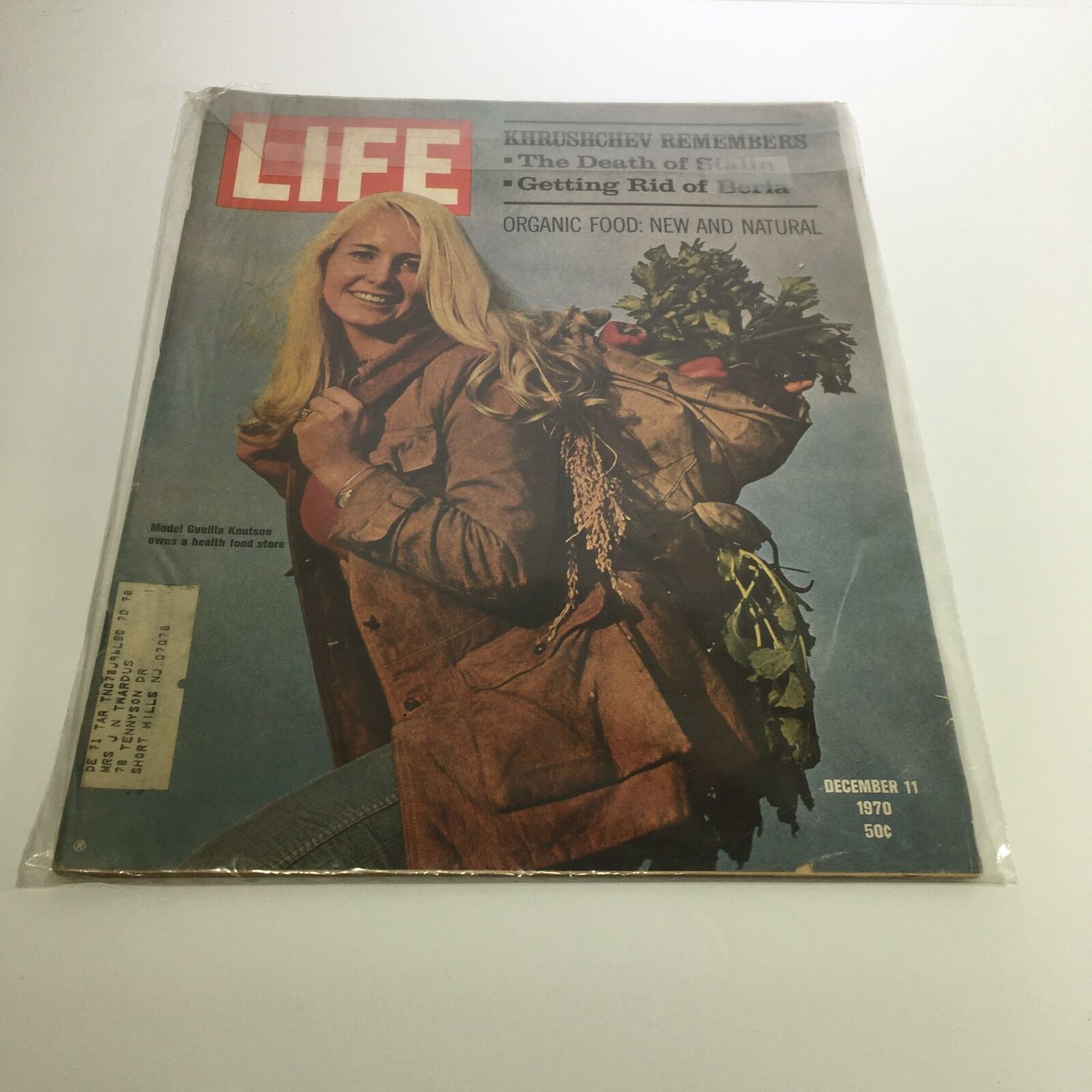 Cover of Life Magazine from December 11, 1970 featuring Nikita Khrushchev reminiscing about the death of Stalin, showcasing a woman in a stylish coat carrying organic food.