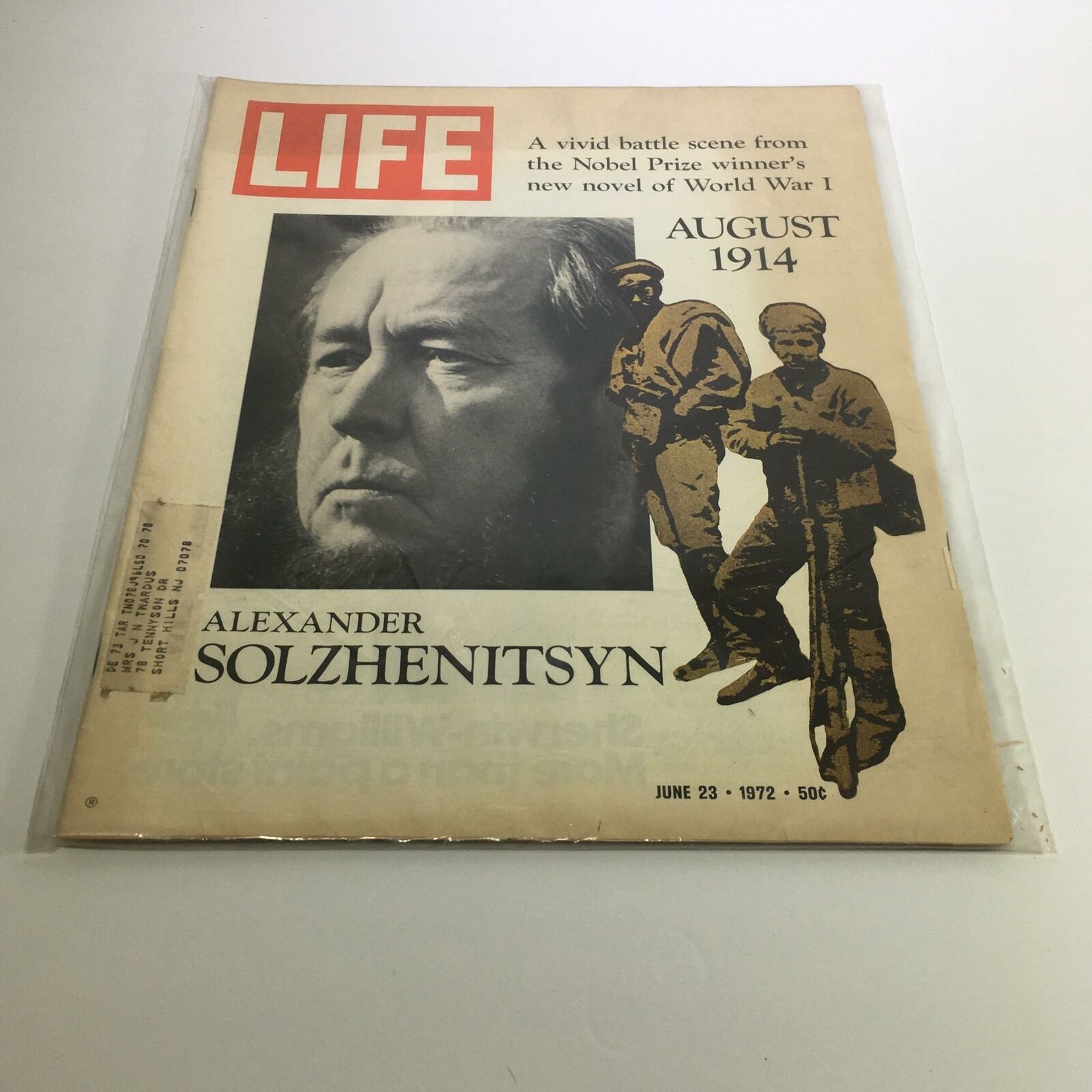 Life Magazine cover featuring Alexander Solzhenitsyn from June 23, 1972, depicting a vivid battle scene from his novel set during World War I, marked with the title 'August 1914'.