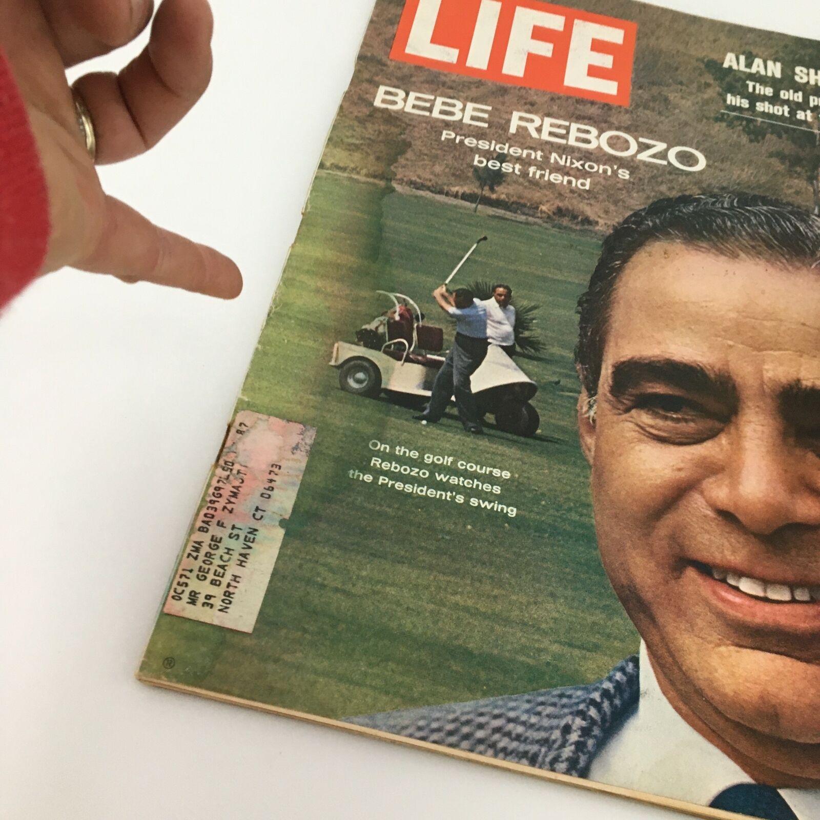Close-up view of VTG Life Magazine July 31 1970 cover showcasing Bebe Rebozo, including a visible address label and details about President Nixon's friendship.