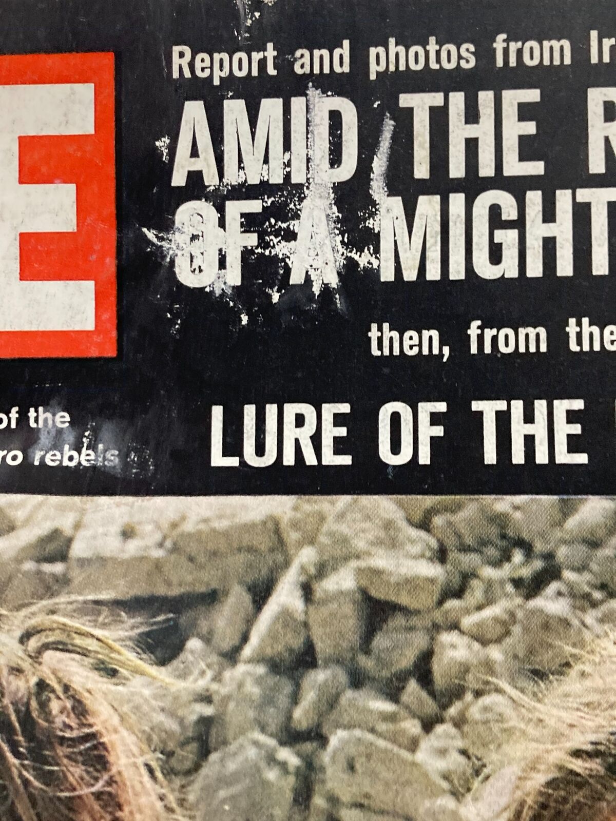 Close-up of the VTG Life Magazine September 21, 1962 cover, emphasizing the title 'Amid The Rubble of a Mighty Quake,' with visible wear.