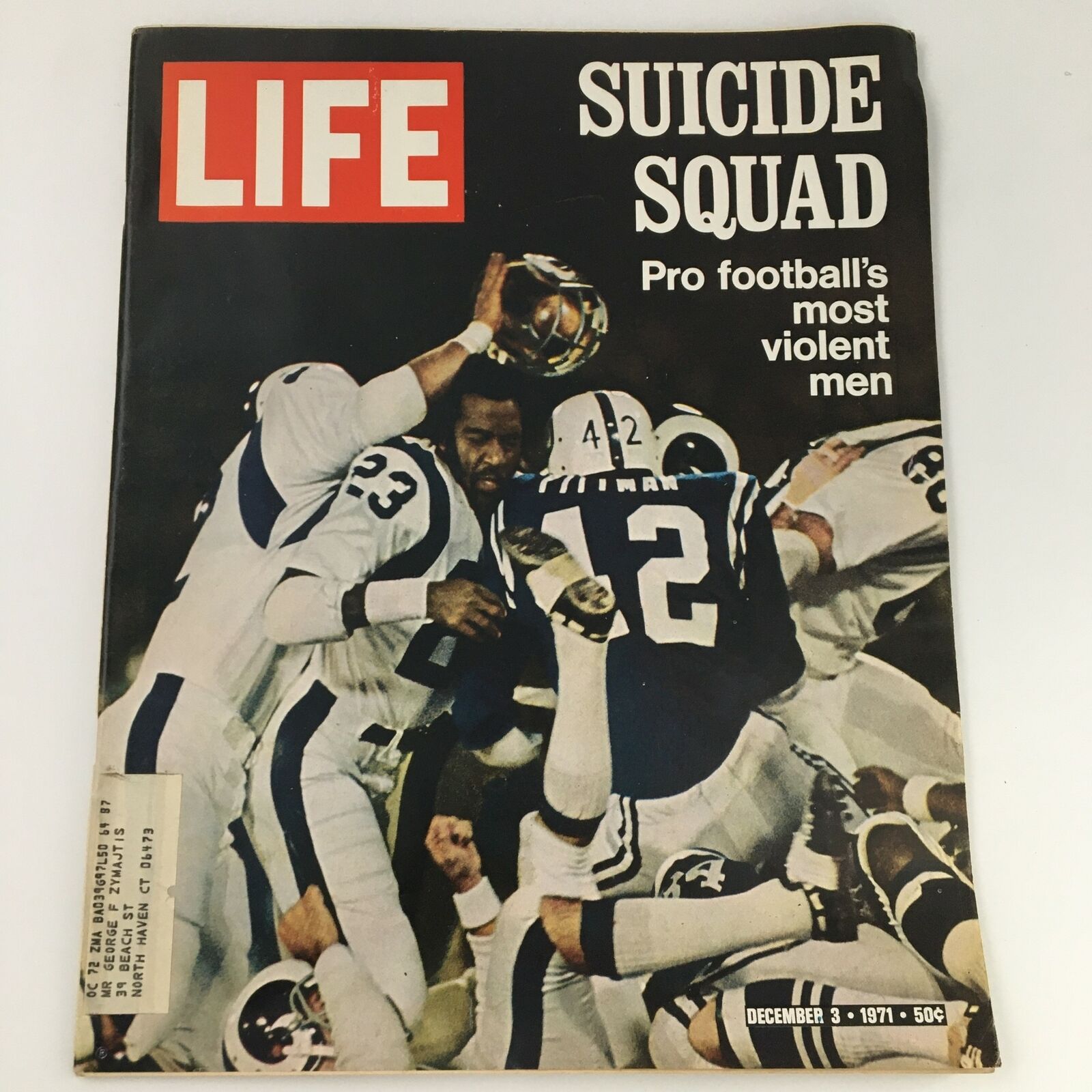 Cover of VTG Life Magazine December 3 1971 featuring the 'Suicide Squad' players, known as pro football's most violent men, capturing the intense action in NFL history.