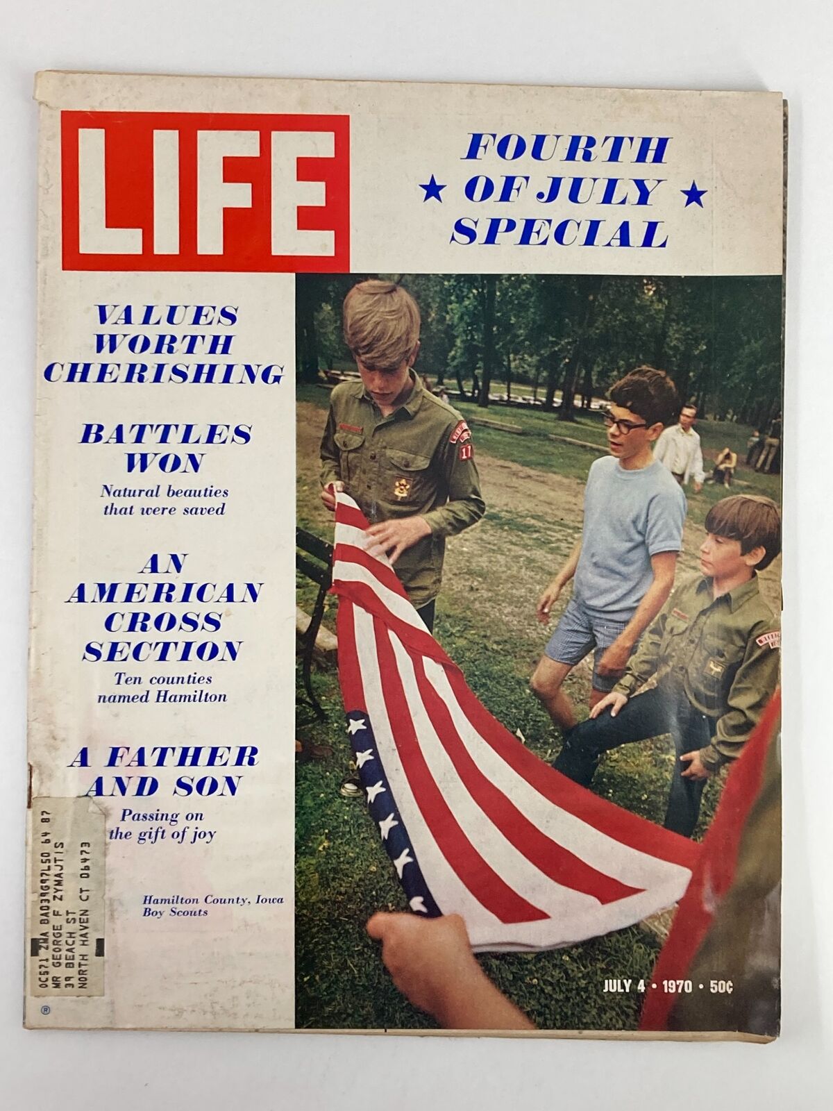 Cover of VTG Life Magazine July 4 1970 featuring the article 'An American Cross Section Named Hamilton', showcasing children holding an American flag in a park setting.